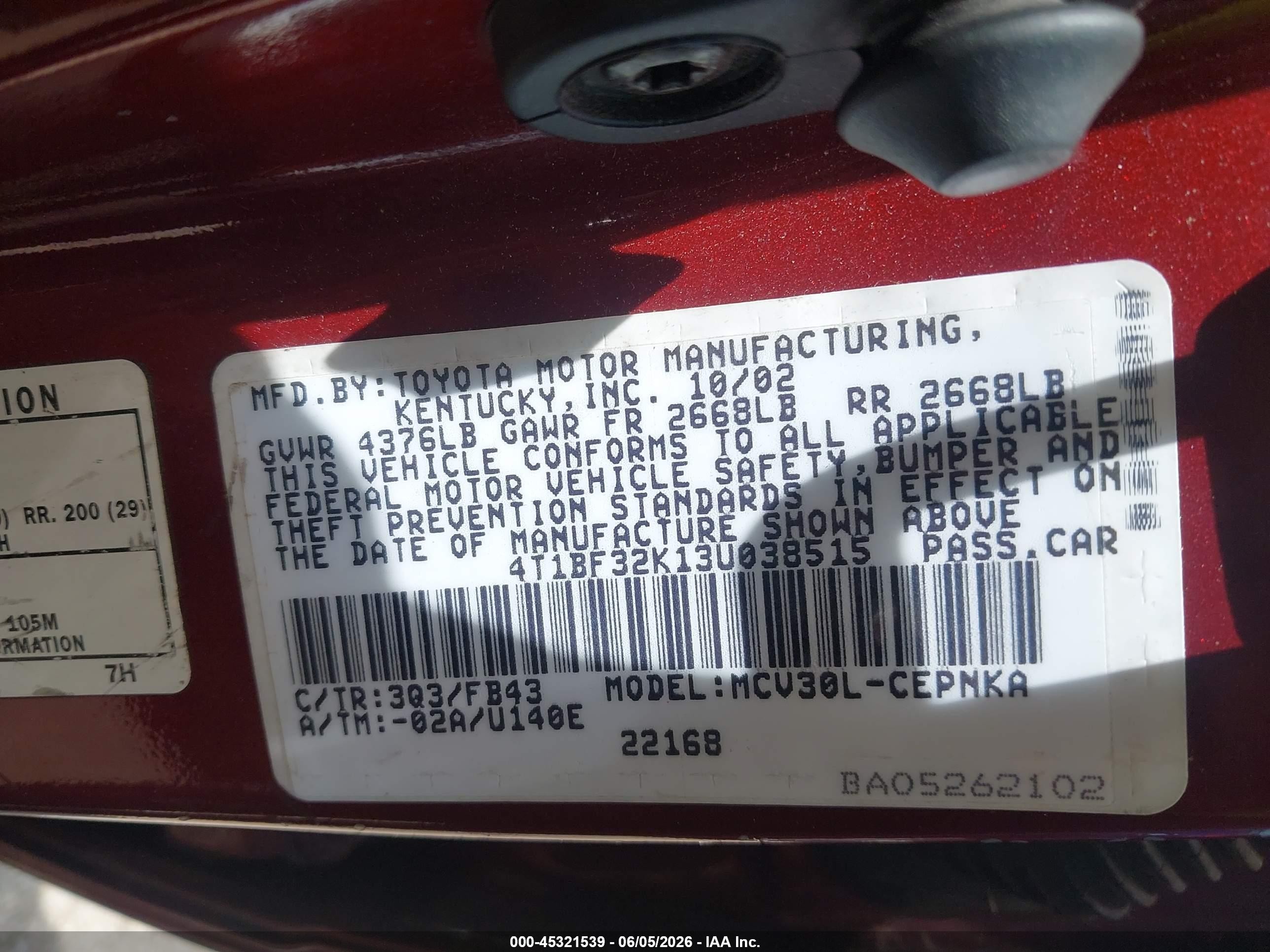 2003 Toyota Camry Le V6 Red vin: 4T1BF32K13U038515
