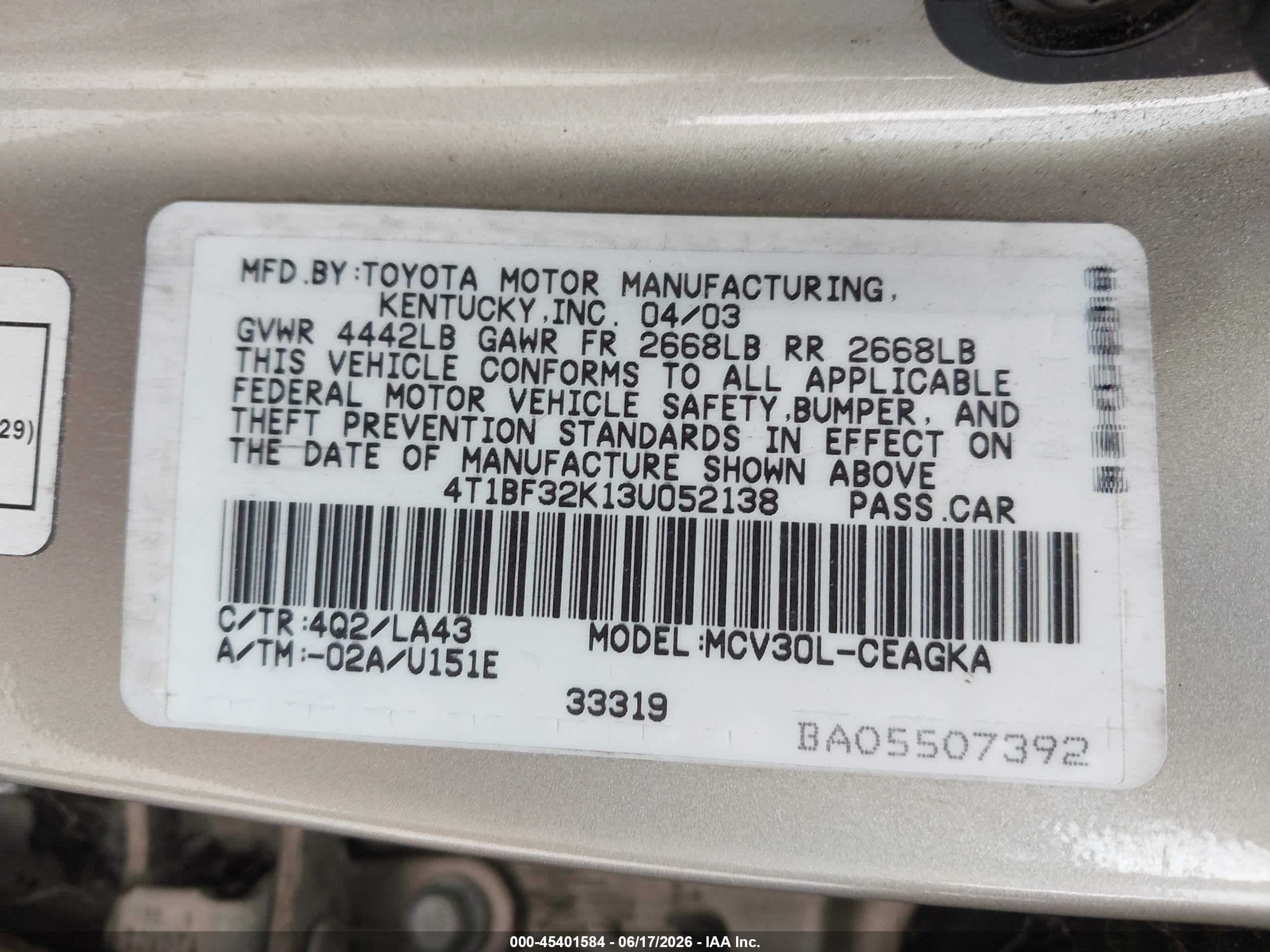 2003 Toyota Camry Xle V6 Gold vin: 4T1BF32K13U052138