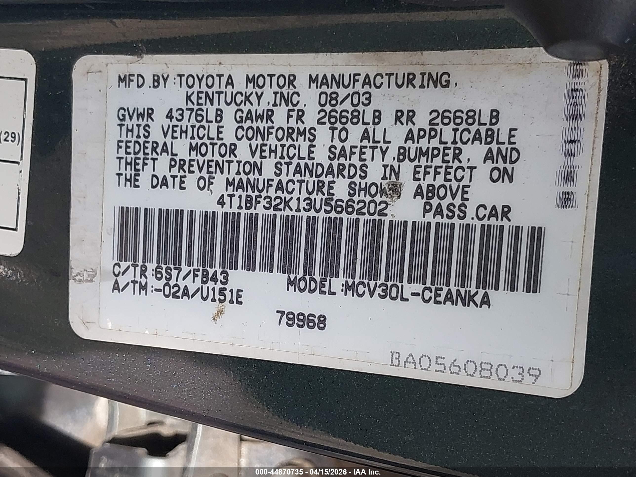 2003 Toyota Camry Le V6 Green vin: 4T1BF32K13U566202
