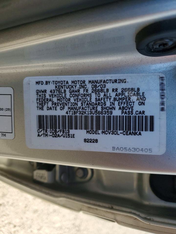 2003 Toyota Camry Le V6 Silver vin: 4T1BF32K13U566359