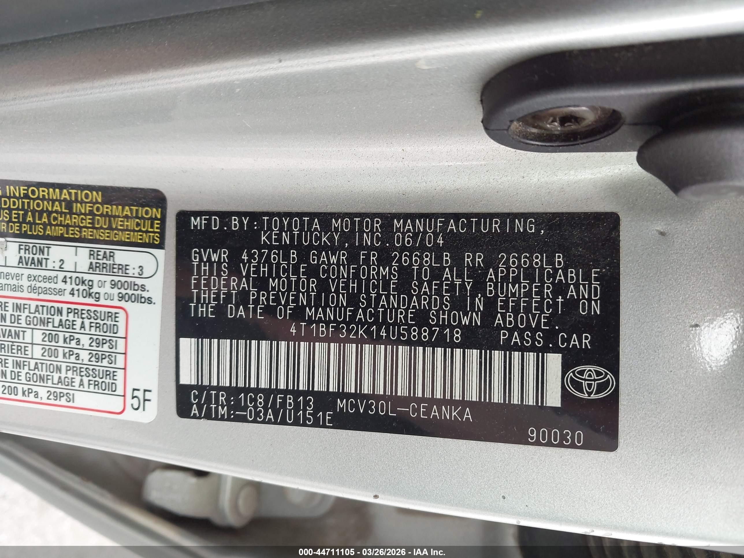2004 Toyota Camry Le V6 Silver vin: 4T1BF32K14U588718