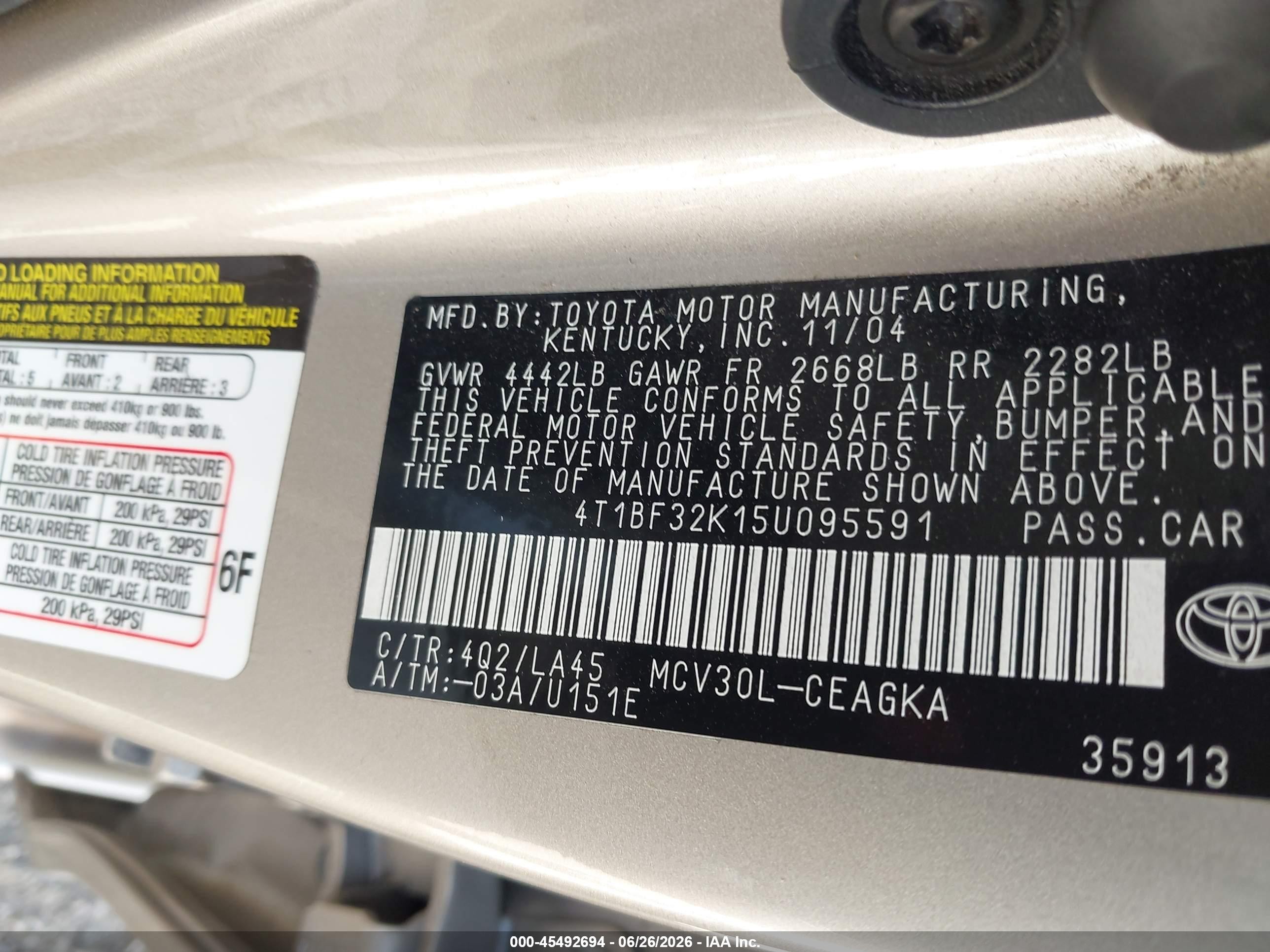 2005 Toyota Camry Xle V6 Champagne vin: 4T1BF32K15U095591
