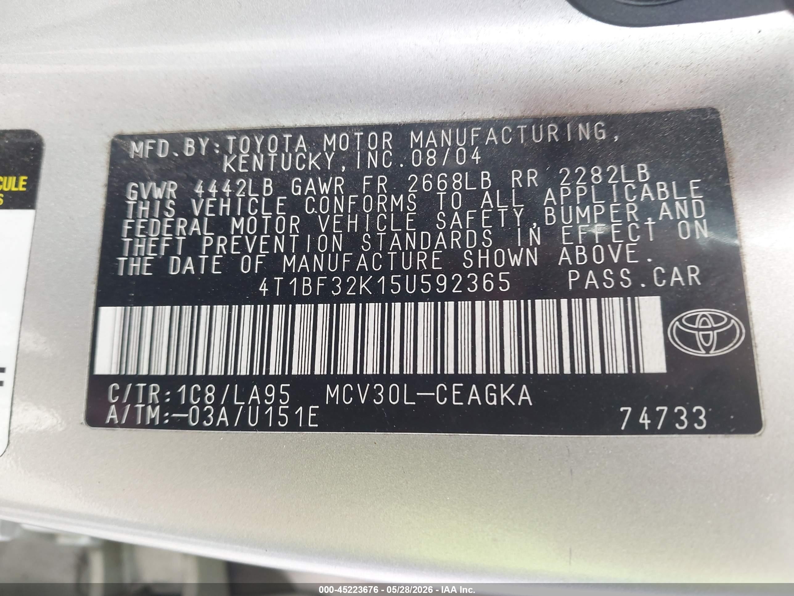 2005 Toyota Camry Xle V6 Silver vin: 4T1BF32K15U592365