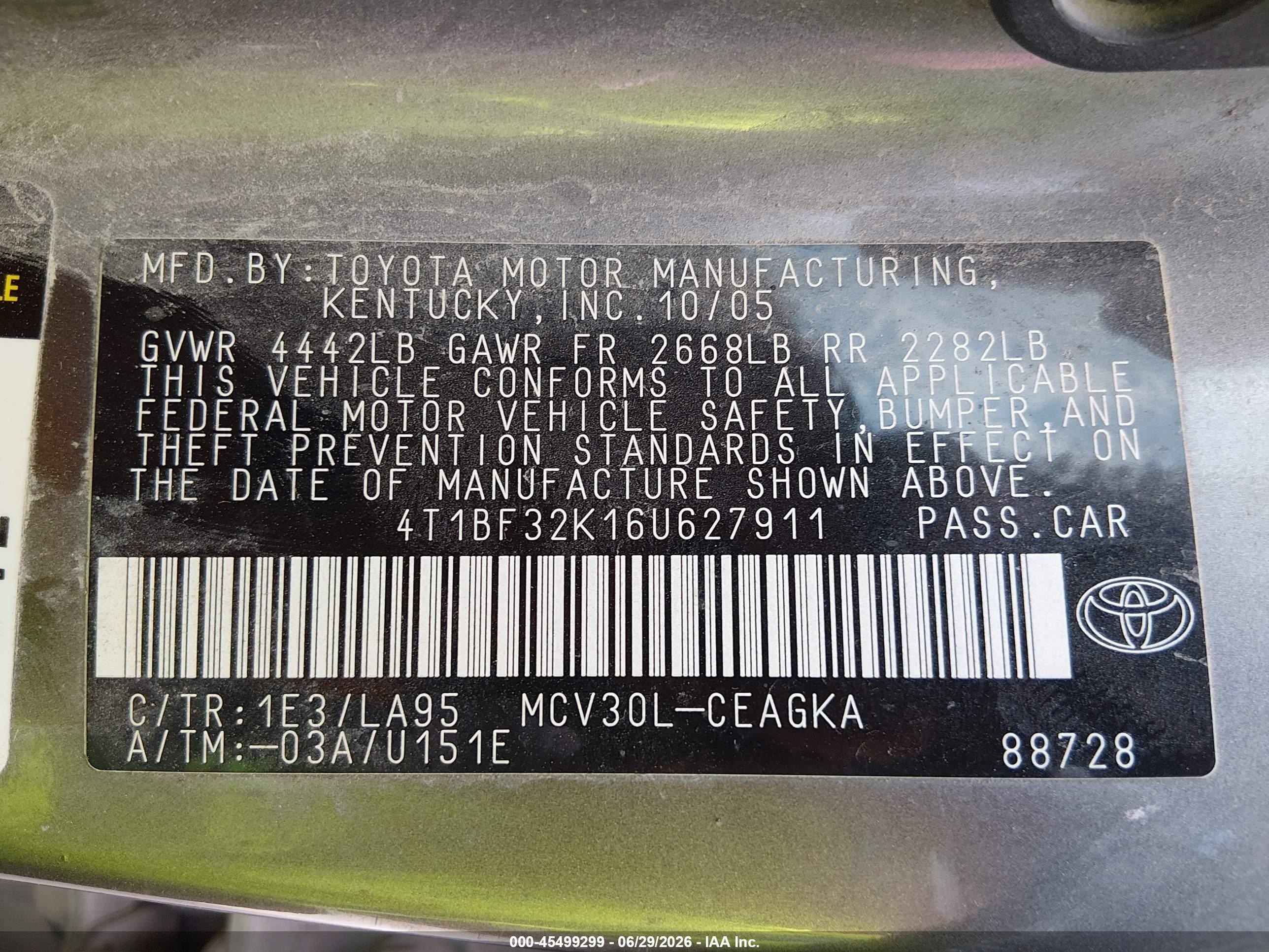 2006 Toyota Camry Xle V6 Gray vin: 4T1BF32K16U627911