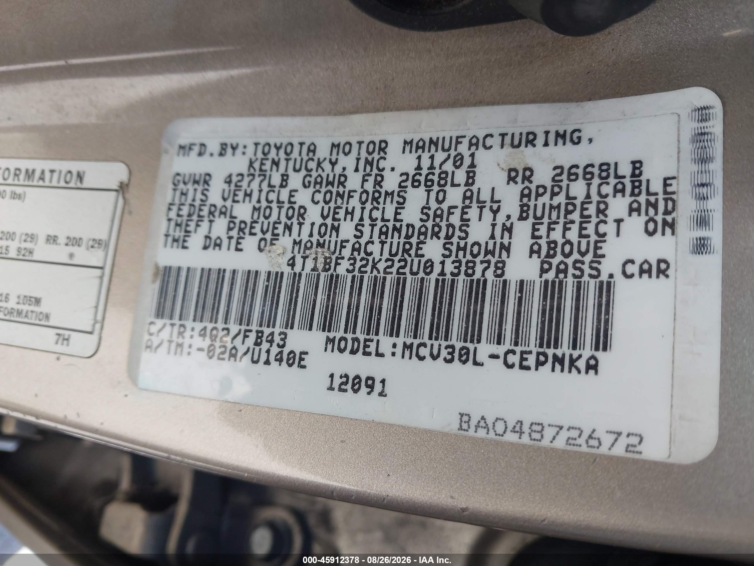 2002 Toyota Camry Le V6 Gold vin: 4T1BF32K22U013878