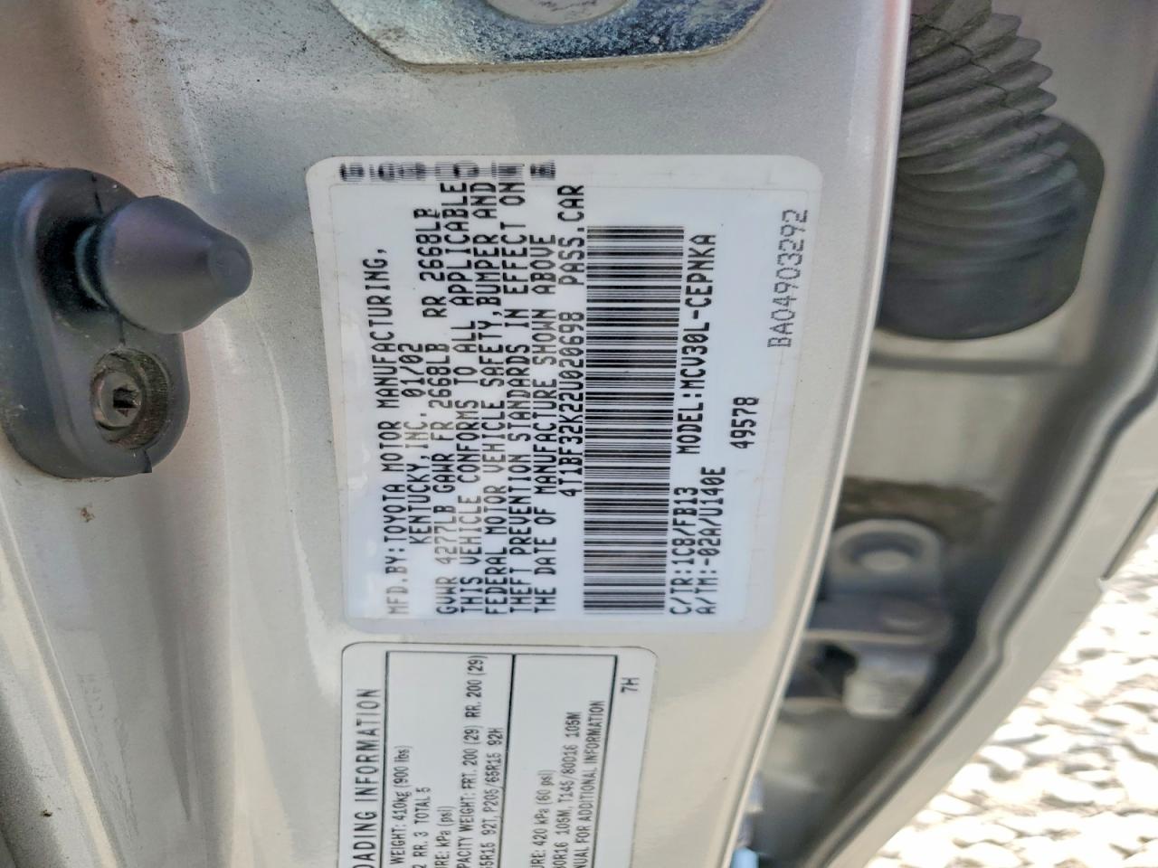 2002 Toyota Camry Le V6 Silver vin: 4T1BF32K22U020698
