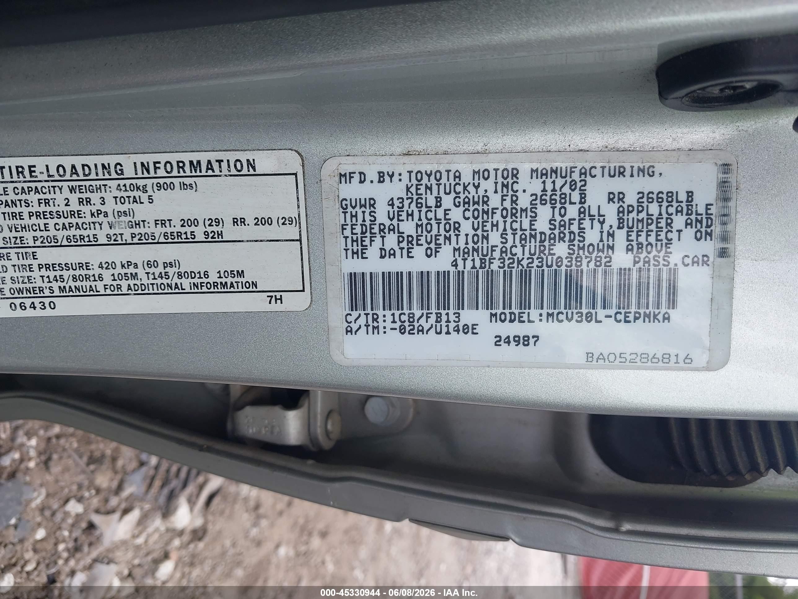 2003 Toyota Camry Le V6 Серый vin: 4T1BF32K23U038782