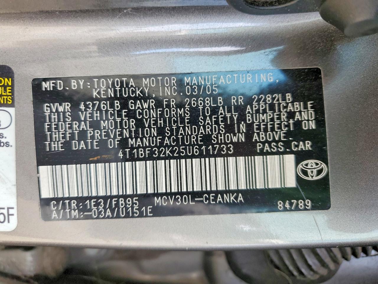 2005 Toyota Camry Le V6 Gray vin: 4T1BF32K25U611733
