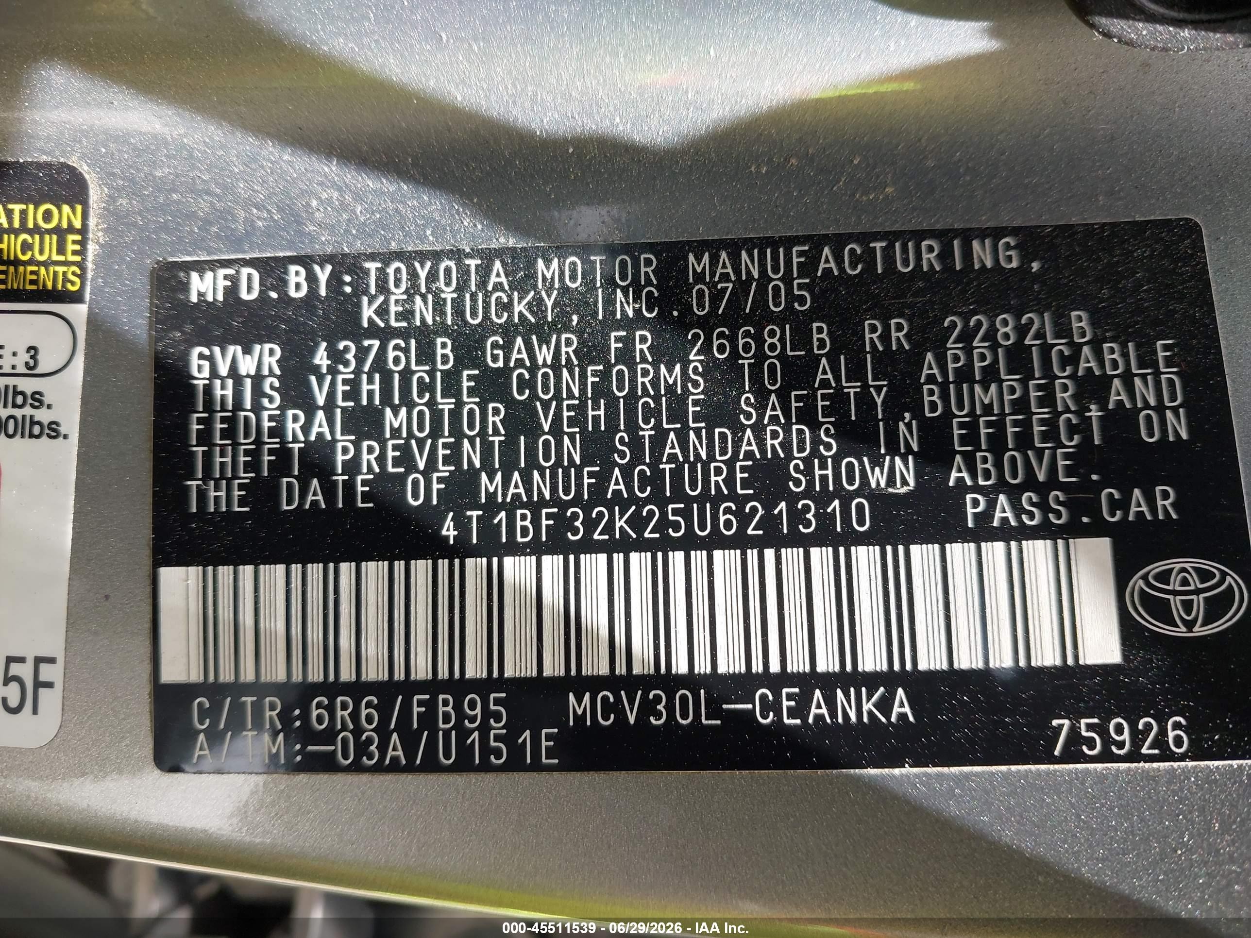 2005 Toyota Camry Le V6 Silver vin: 4T1BF32K25U621310