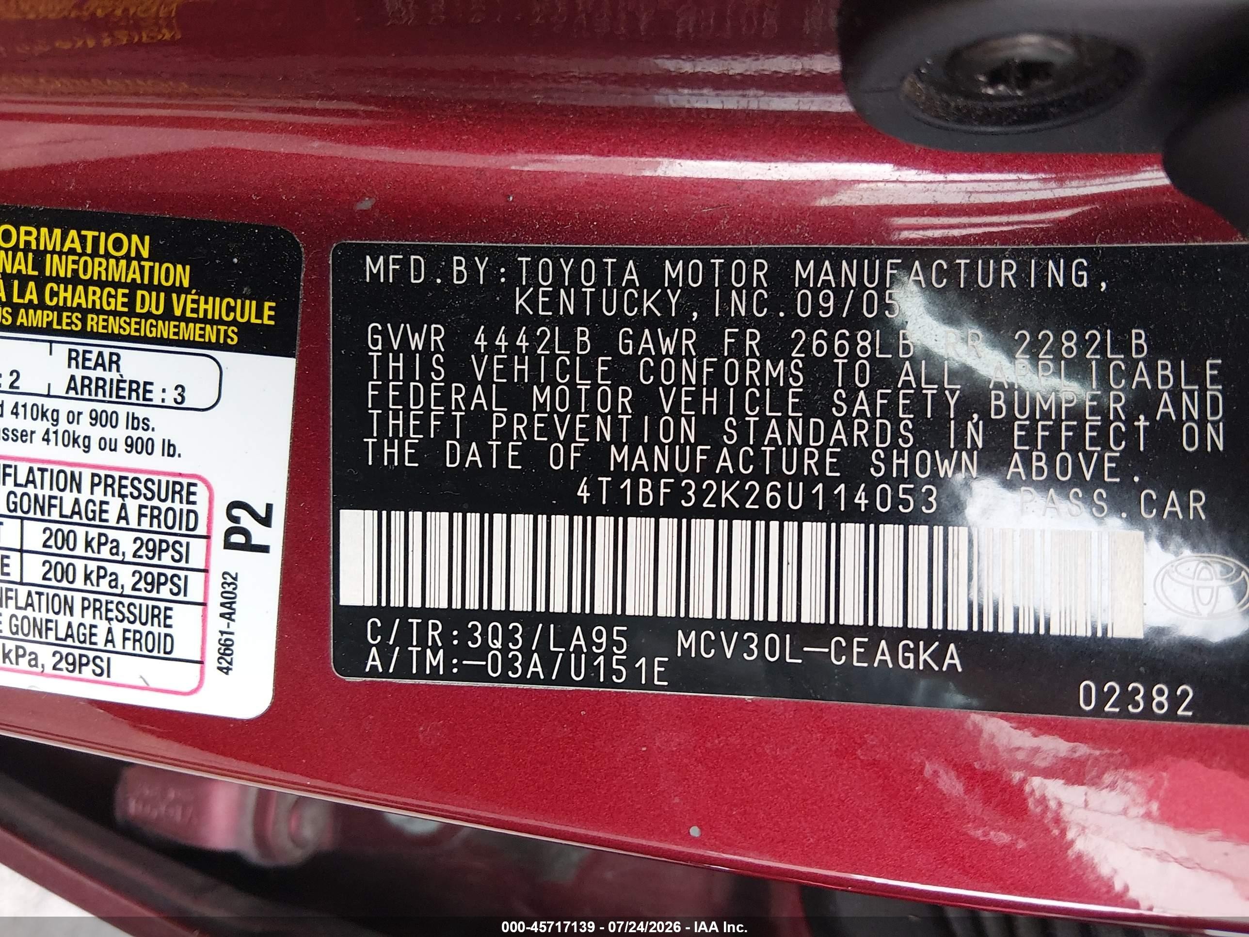 2006 Toyota Camry Xle V6 Burgundy vin: 4T1BF32K26U114053