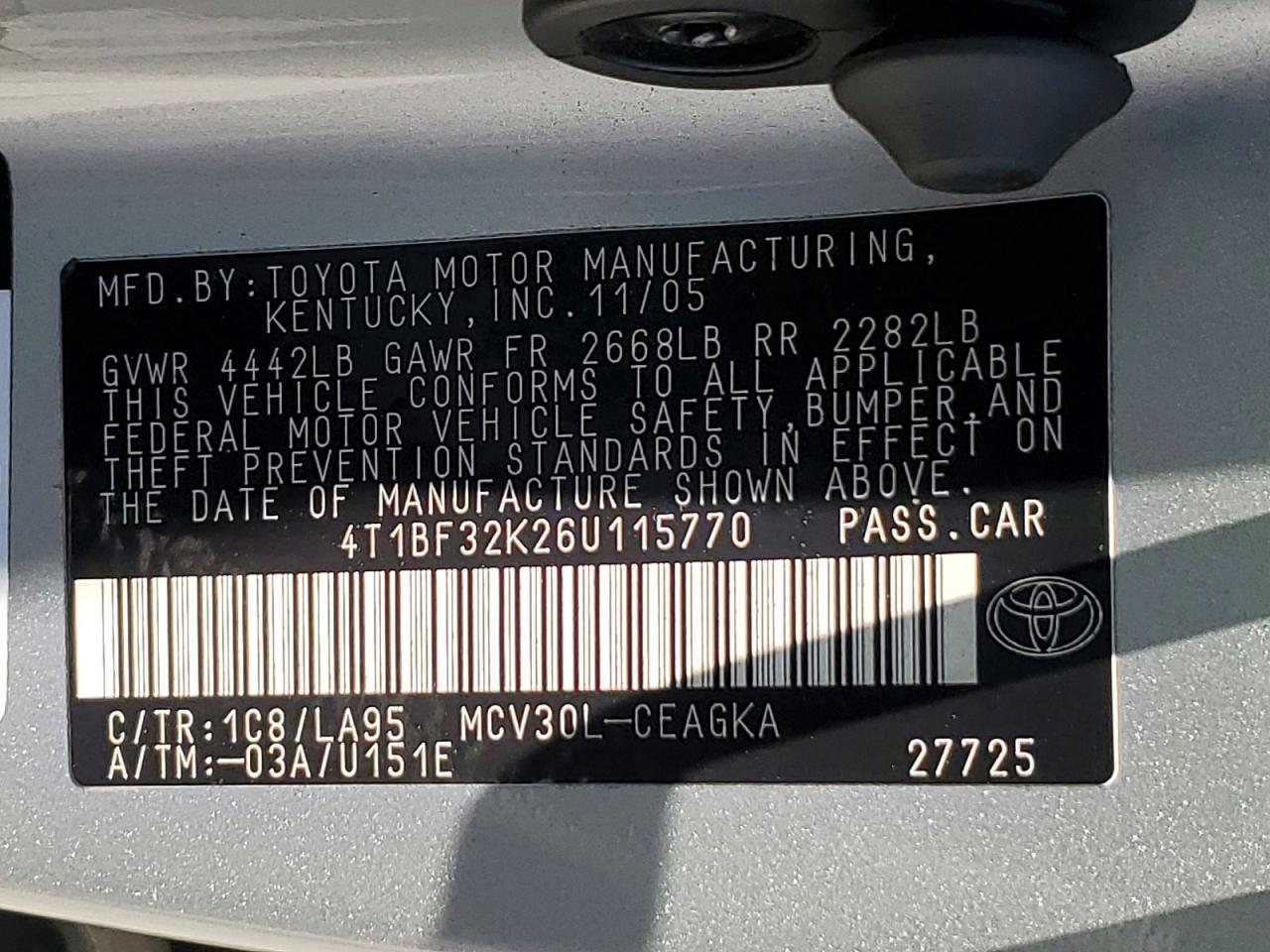 2006 Toyota Camry Xle V6 Серебряный vin: 4T1BF32K26U115770