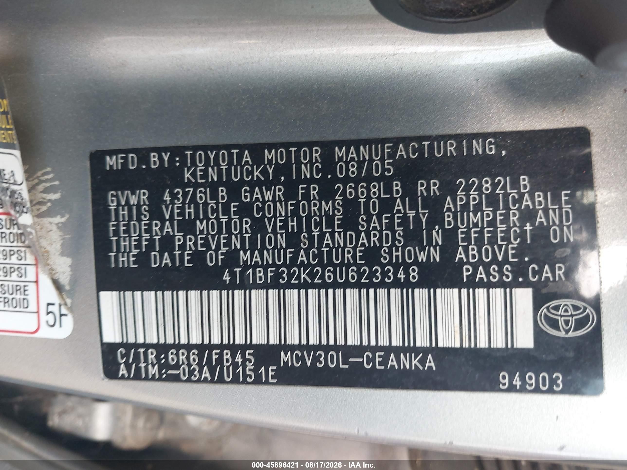 2006 Toyota Camry Le V6 Gray vin: 4T1BF32K26U623348