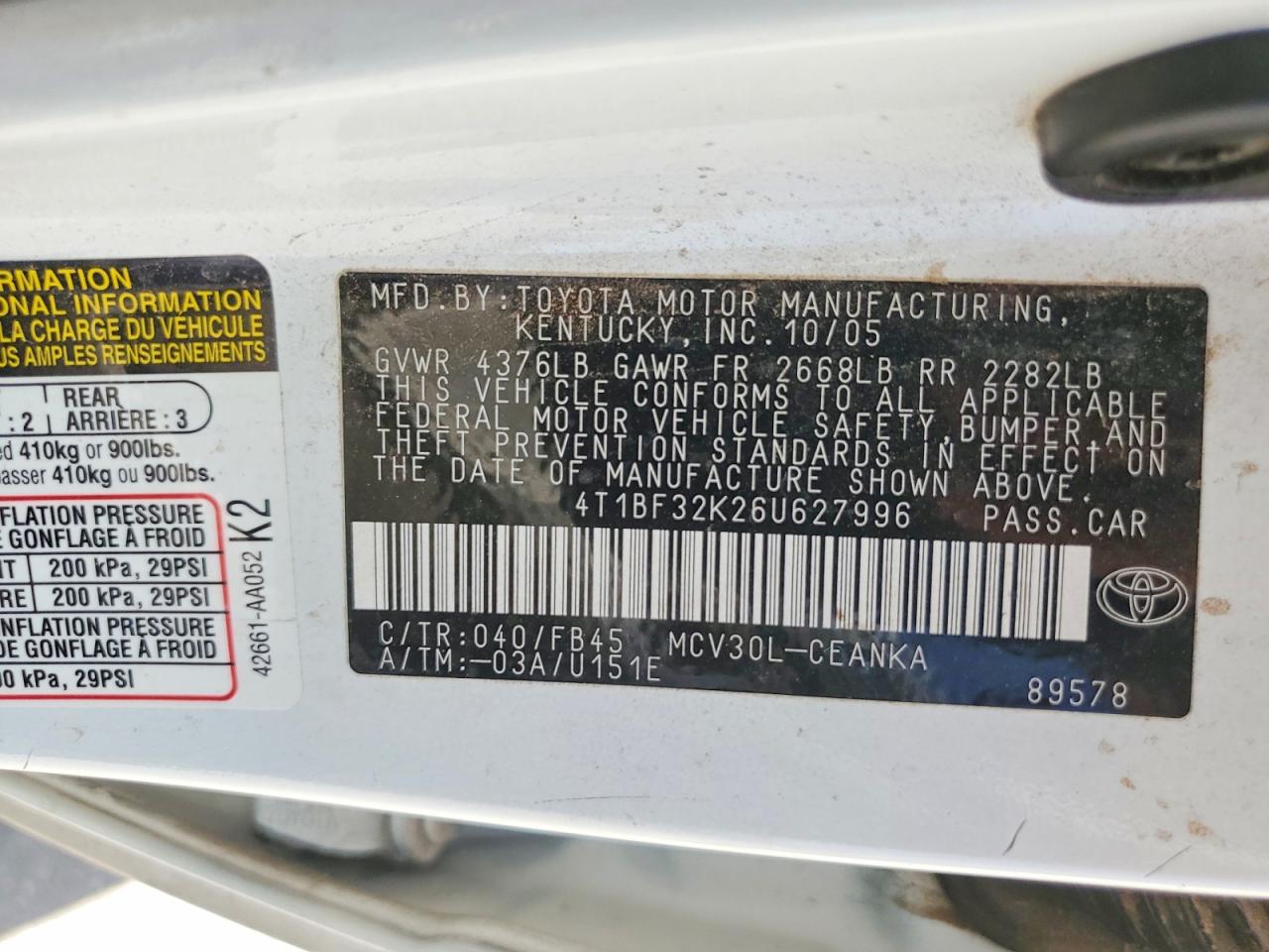 2006 Toyota Camry Le V6 White vin: 4T1BF32K26U627996