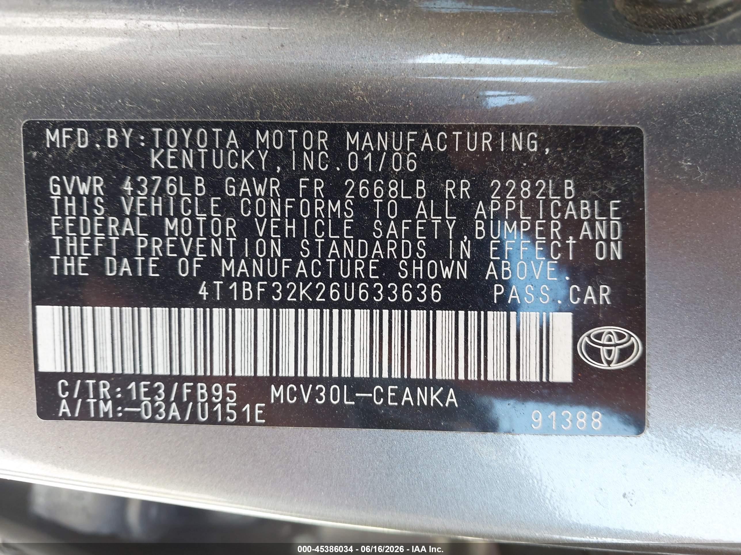2006 Toyota Camry Le V6 Серый vin: 4T1BF32K26U633636
