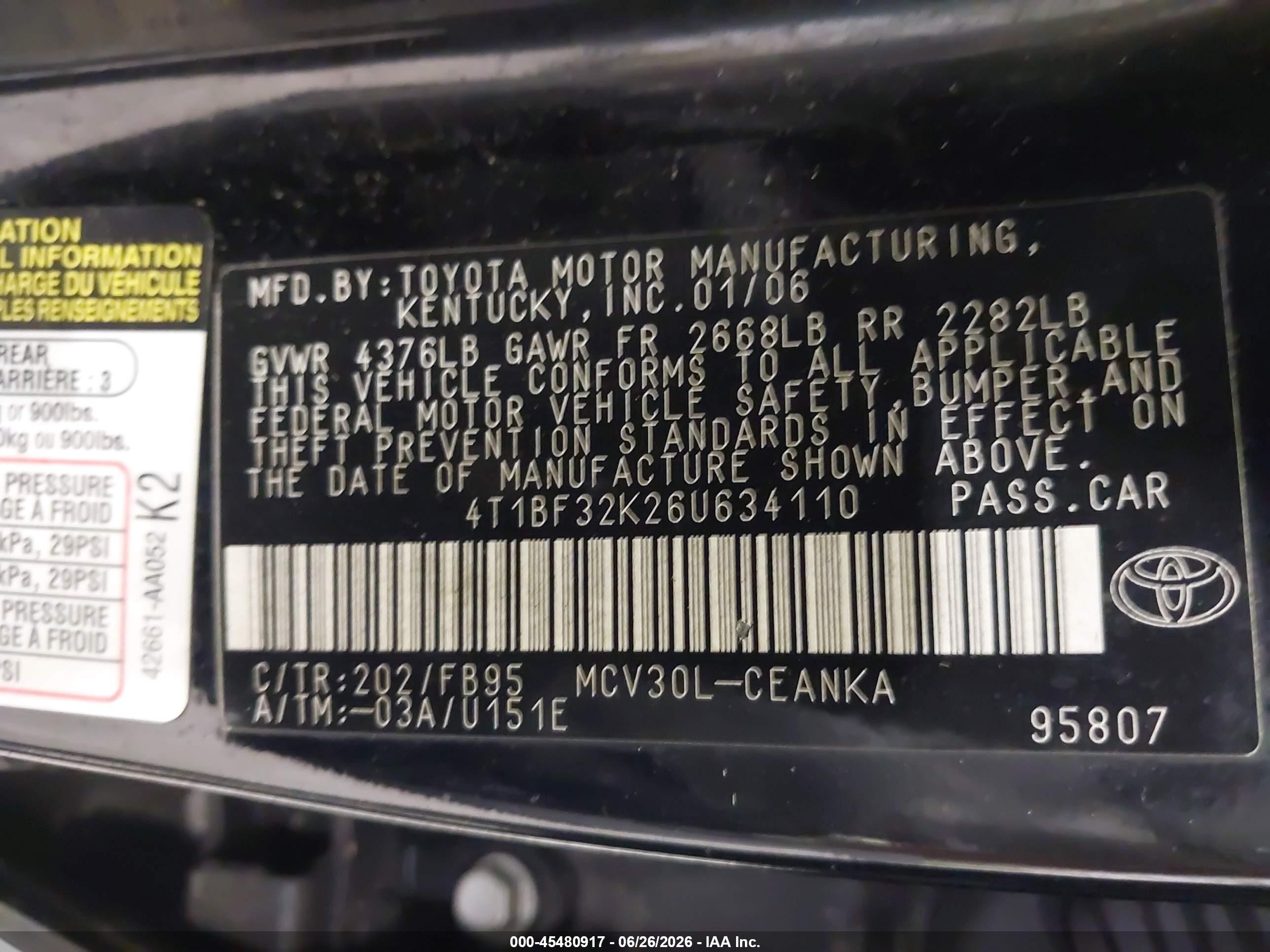 2006 Toyota Camry Le V6 Черный vin: 4T1BF32K26U634110