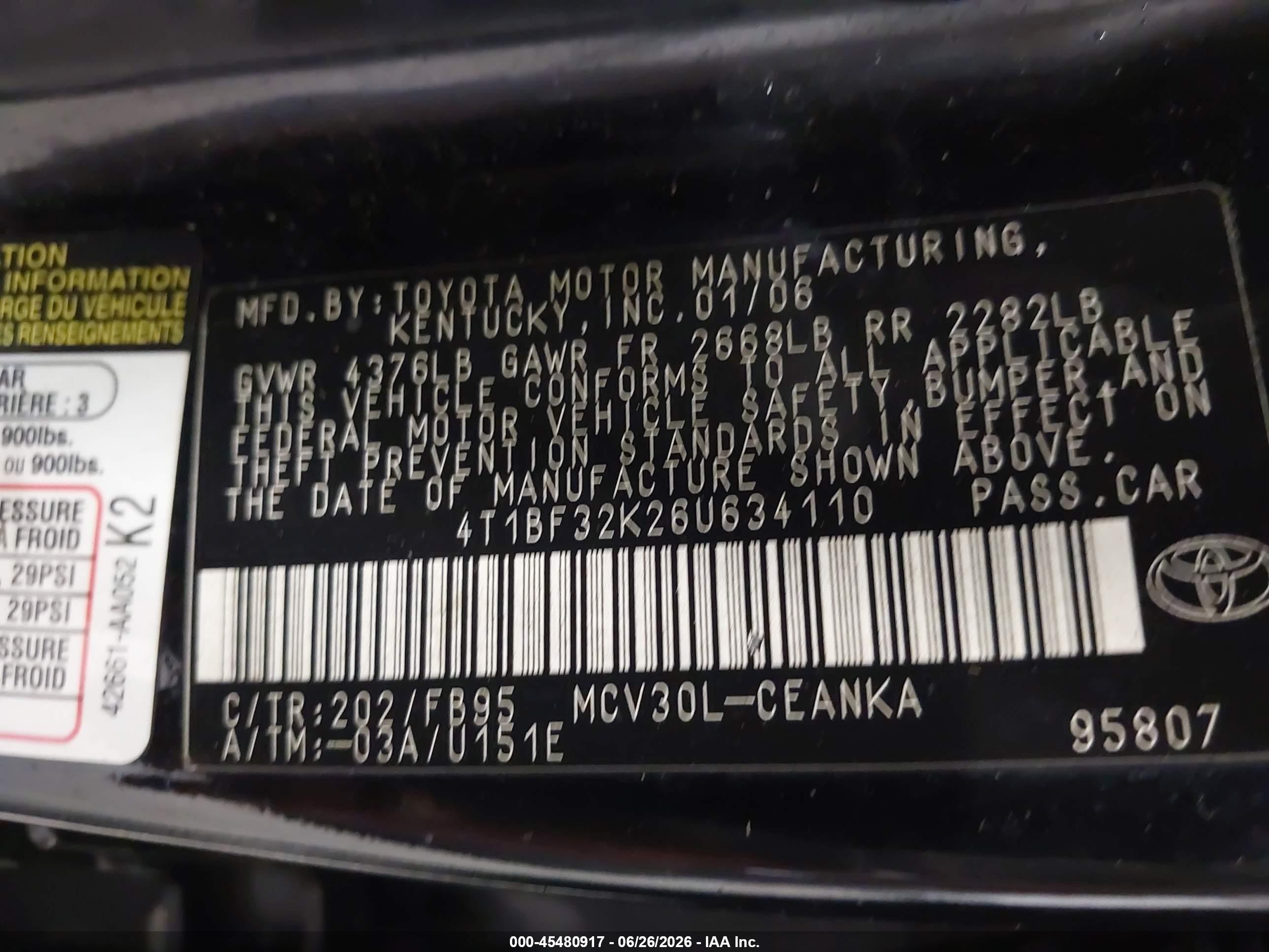 2006 Toyota Camry Le V6 Черный vin: 4T1BF32K26U634110