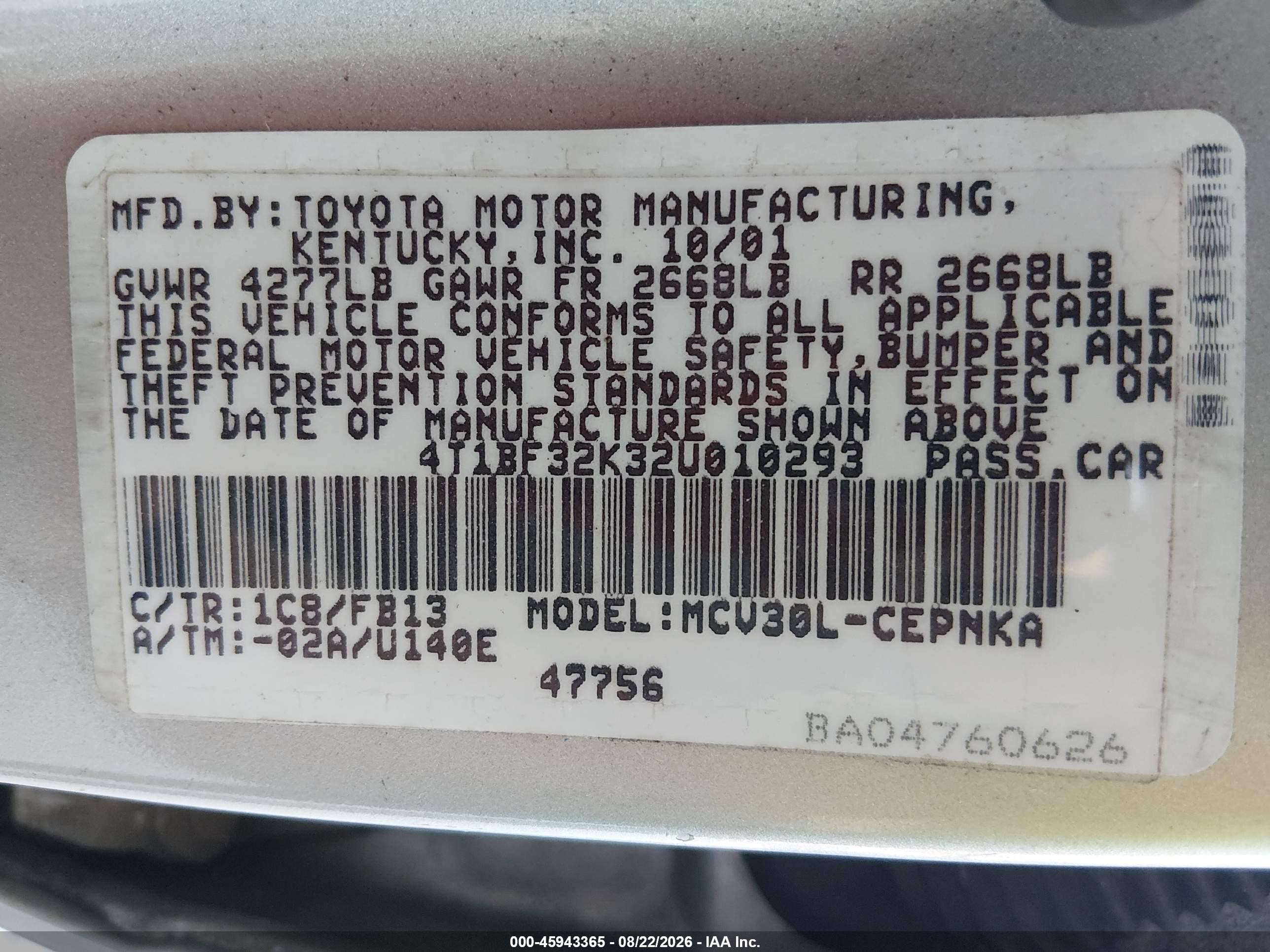 2002 Toyota Camry Le Silver vin: 4T1BF32K32U010293