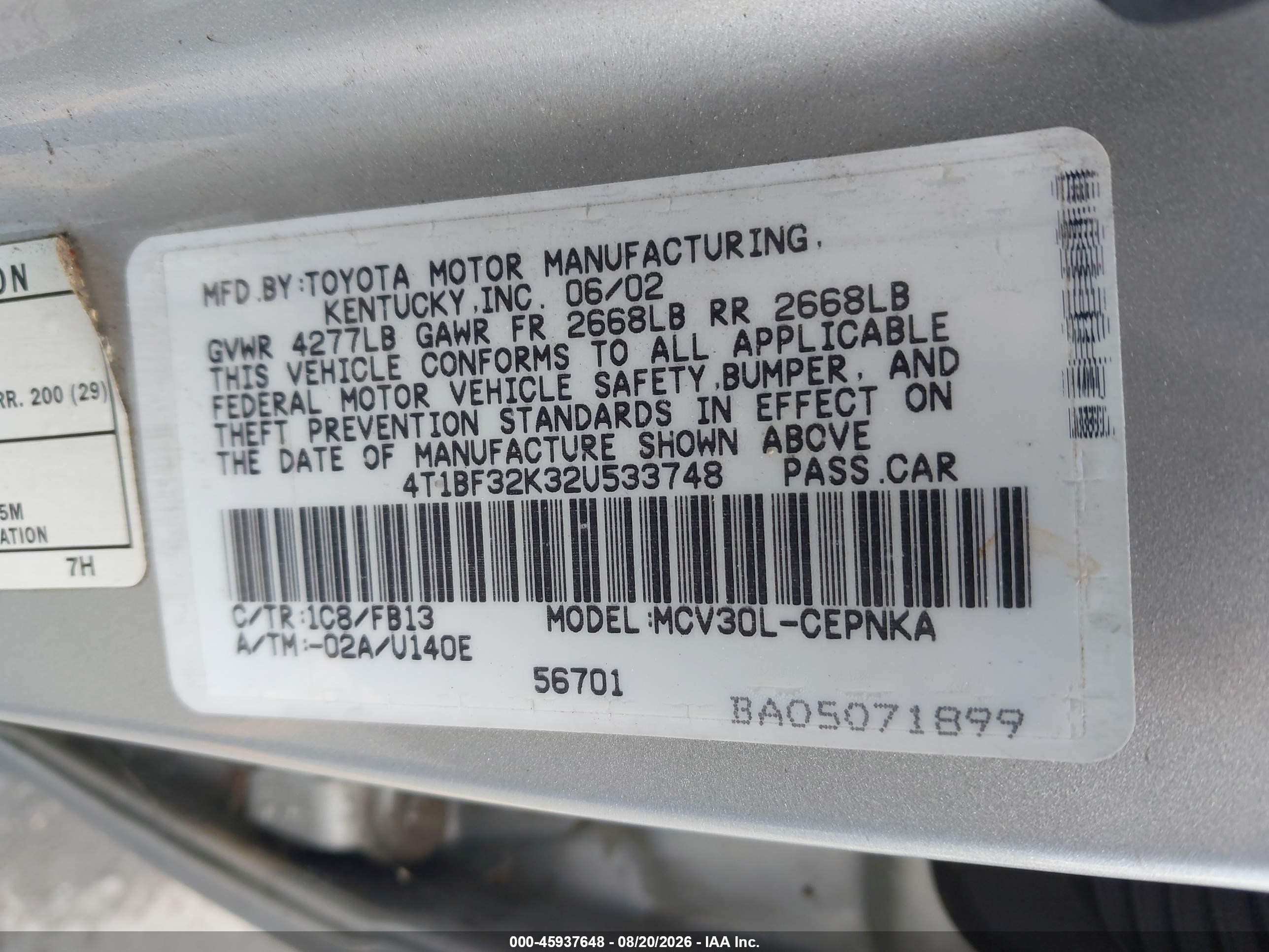 2002 Toyota Camry Le Silver vin: 4T1BF32K32U533748