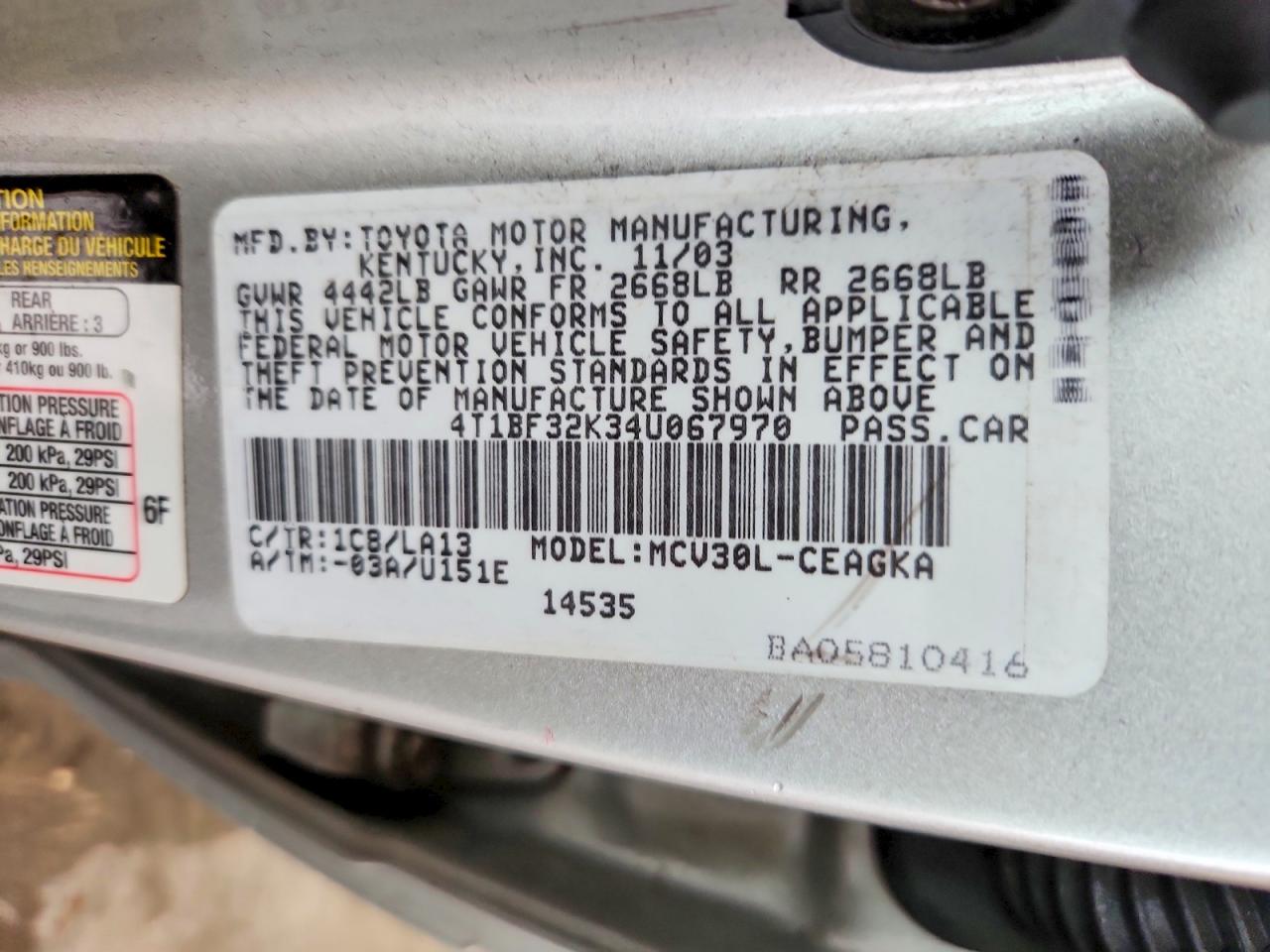 2004 Toyota Camry Xle V6 Silver vin: 4T1BF32K34U067970