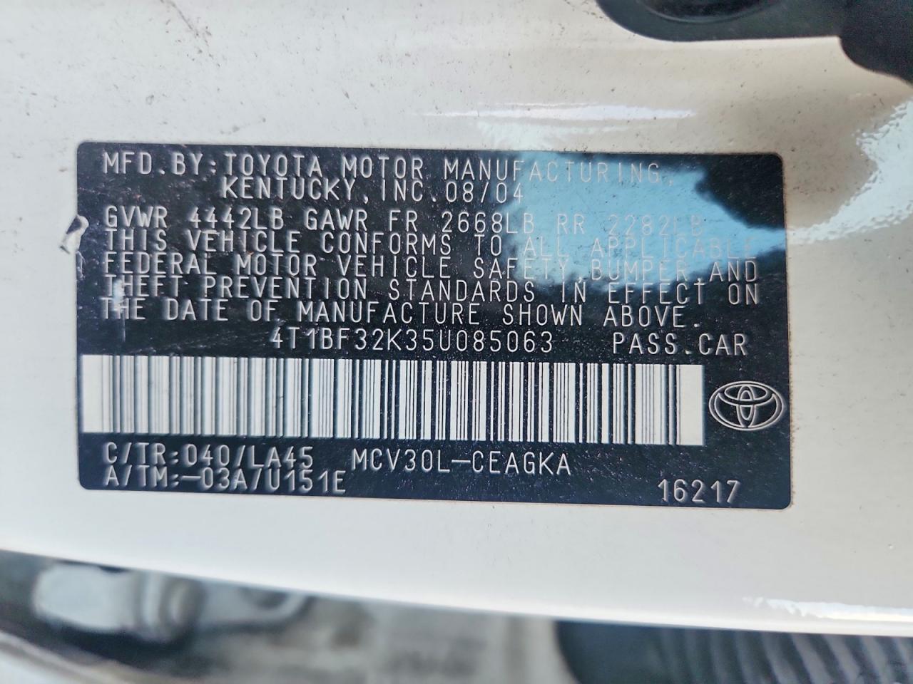 2005 Toyota Camry Xle V6 Белый vin: 4T1BF32K35U085063