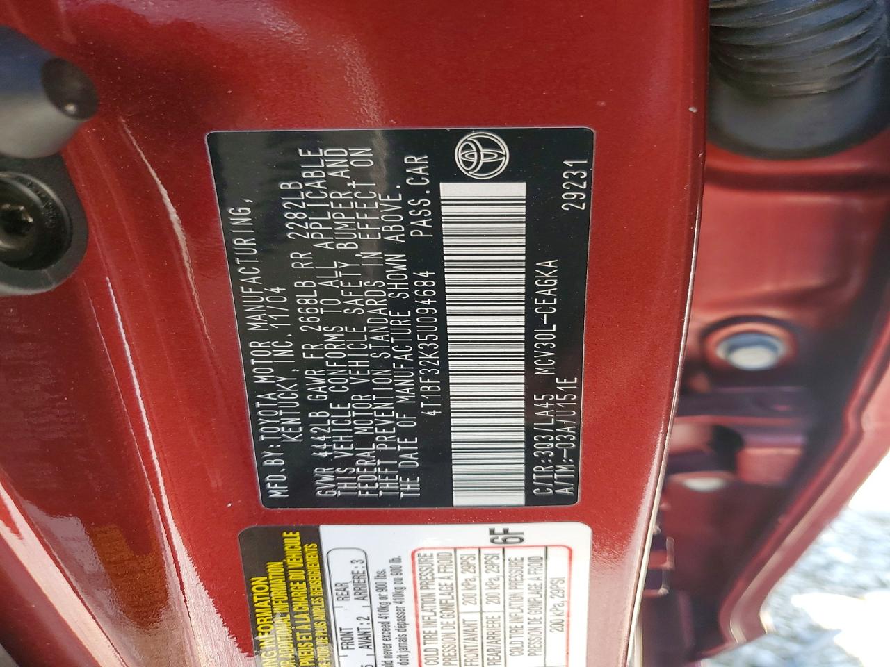 2005 Toyota Camry Xle V6 Red vin: 4T1BF32K35U094684