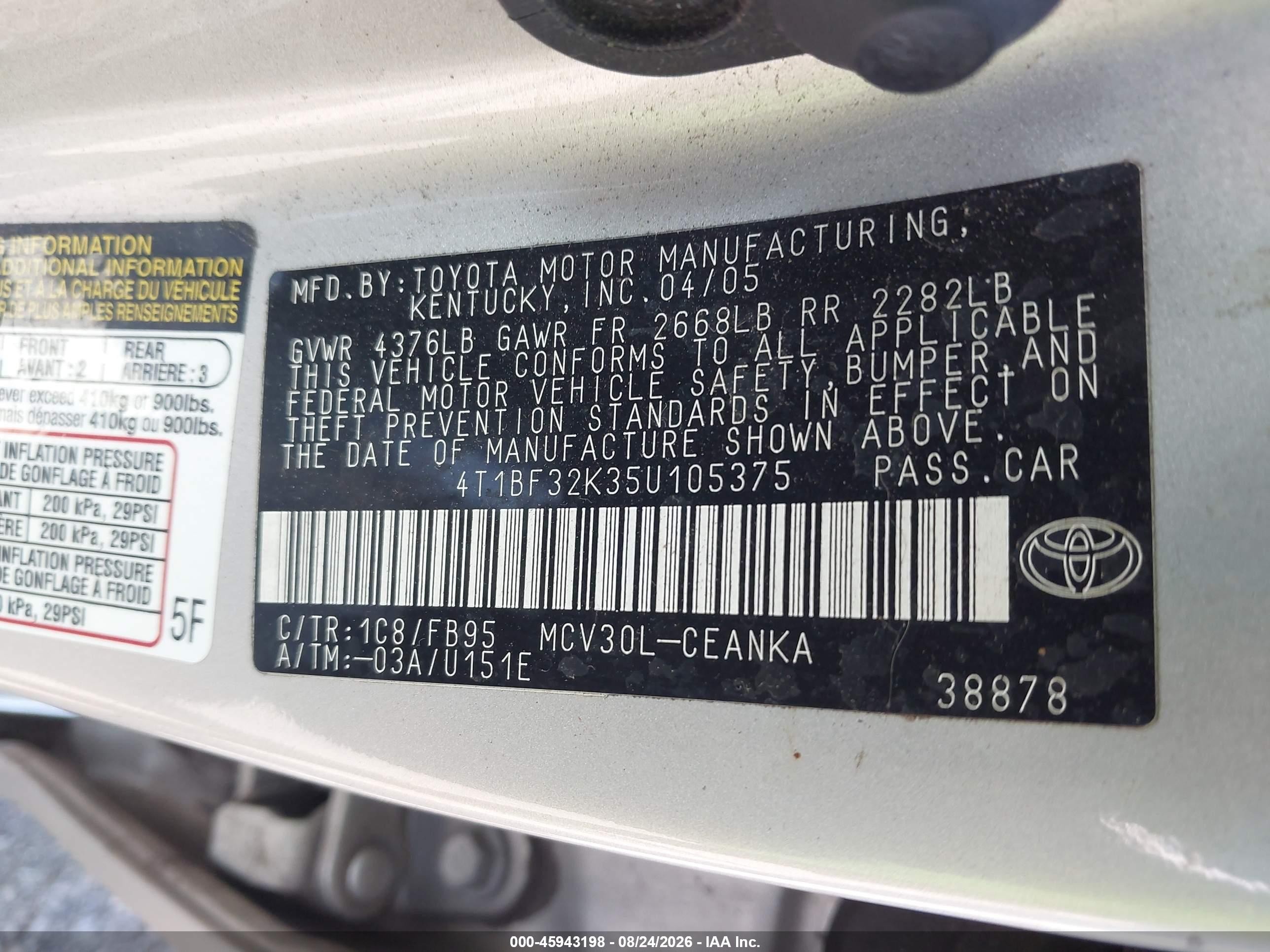 2005 Toyota Camry Le V6 Silver vin: 4T1BF32K35U105375