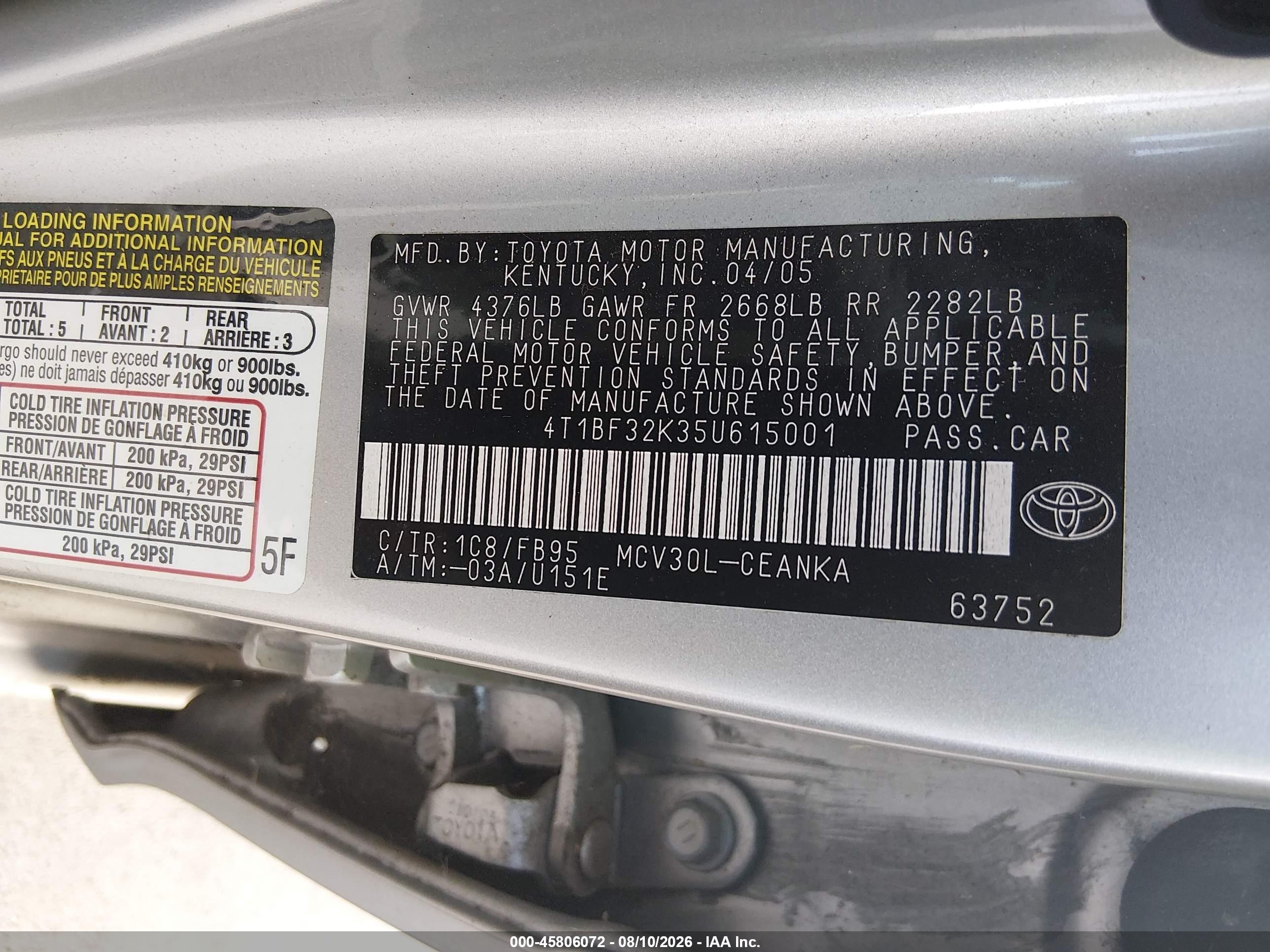 2005 Toyota Camry Le V6 Silver vin: 4T1BF32K35U615001