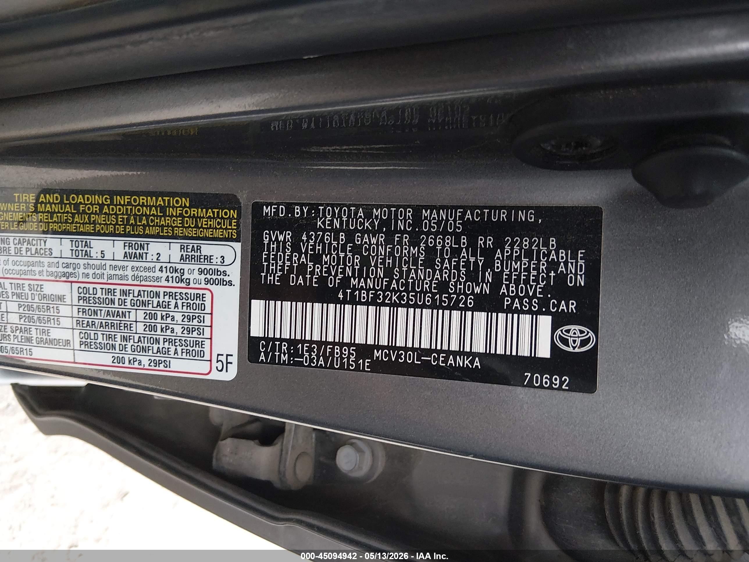 2005 Toyota Camry Le V6 Серый vin: 4T1BF32K35U615726
