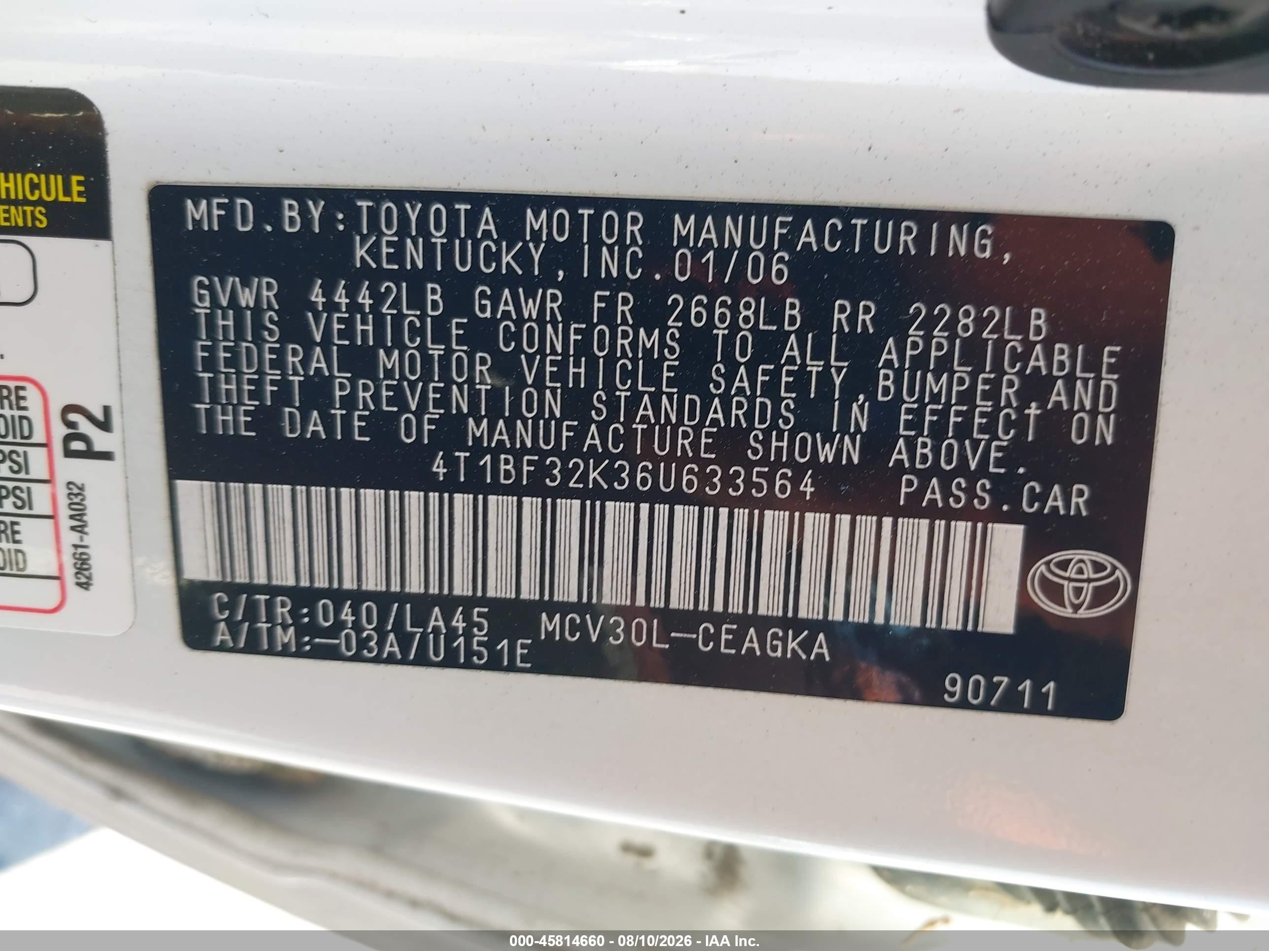 2006 Toyota Camry Xle V6 Белый vin: 4T1BF32K36U633564