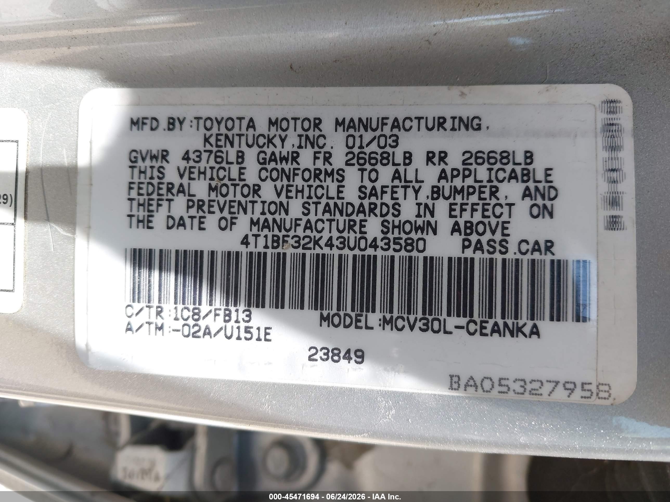 2003 Toyota Camry Le V6 White vin: 4T1BF32K43U043580
