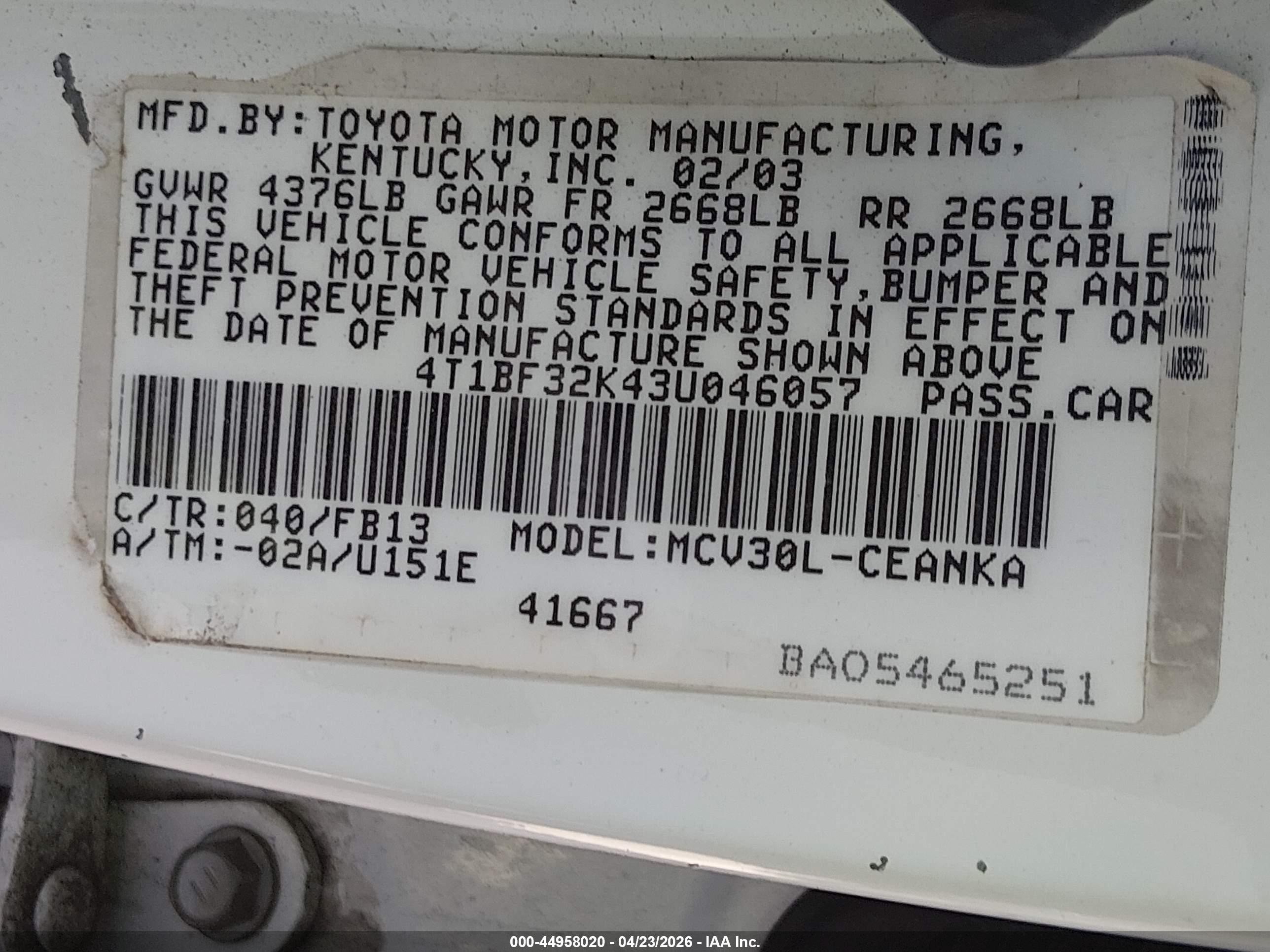 2003 Toyota Camry Le V6 White vin: 4T1BF32K43U046057