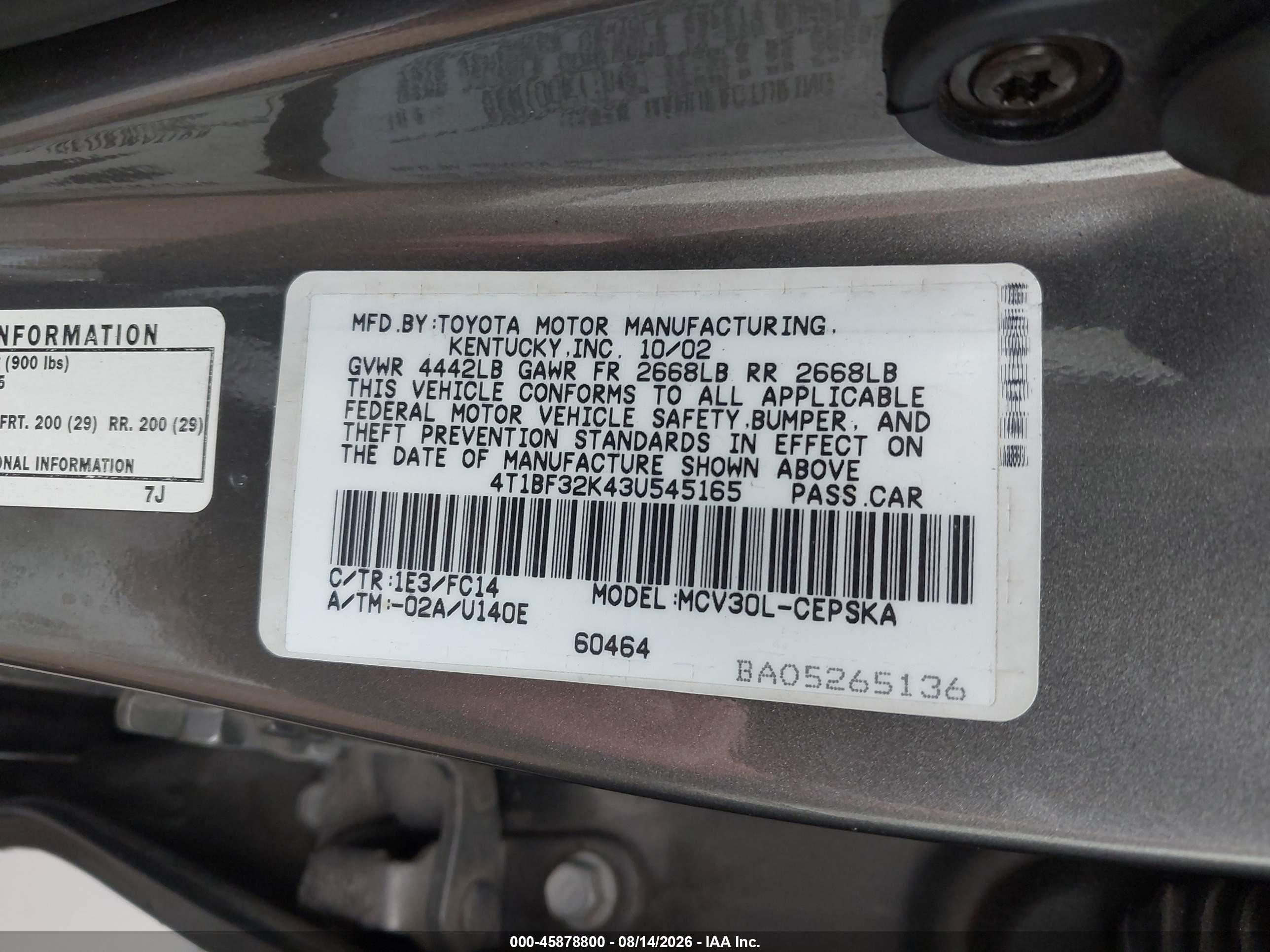 2003 Toyota Camry Se V6 Gray vin: 4T1BF32K43U545165
