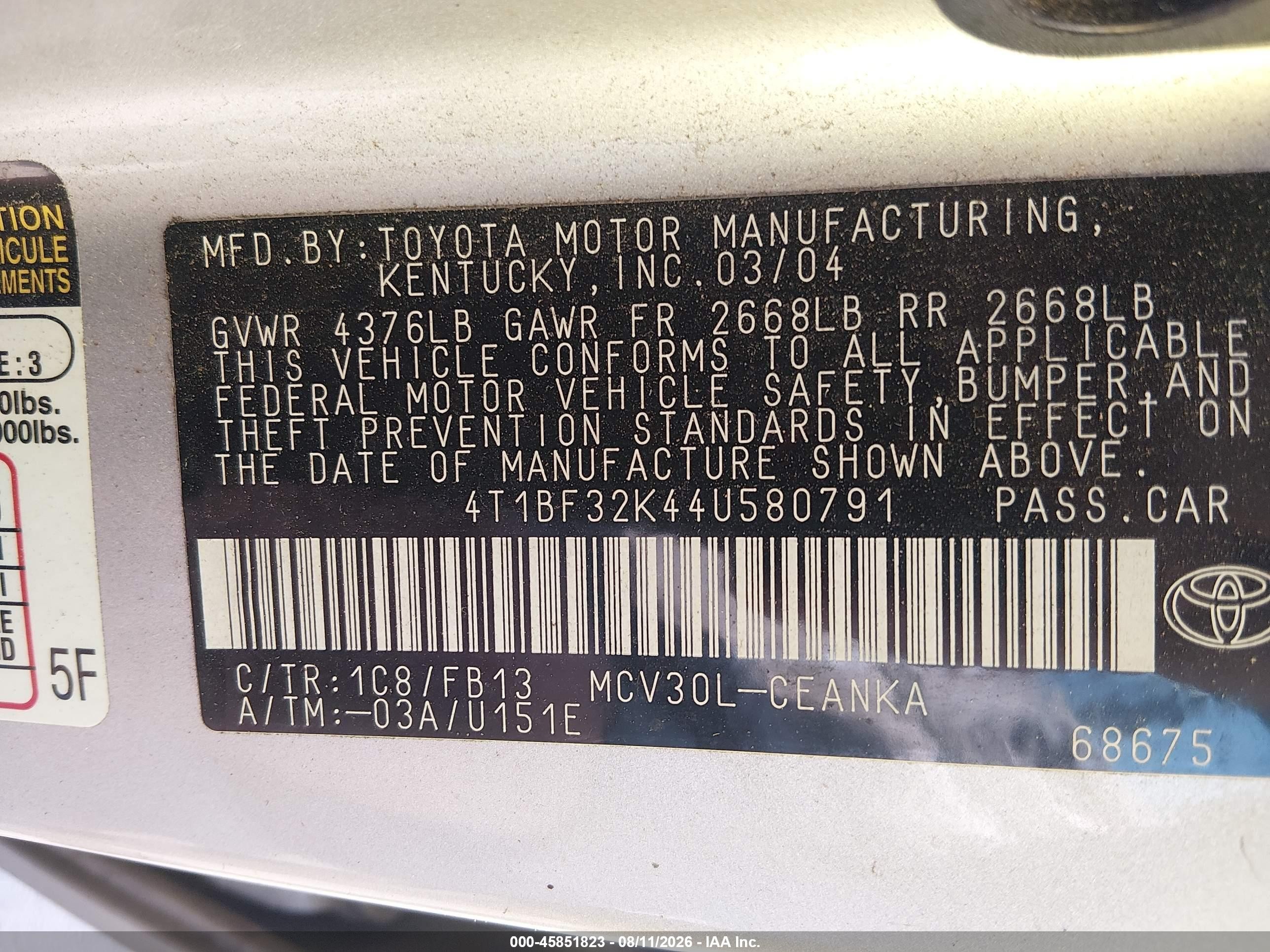 2004 Toyota Camry Le V6 Silver vin: 4T1BF32K44U580791
