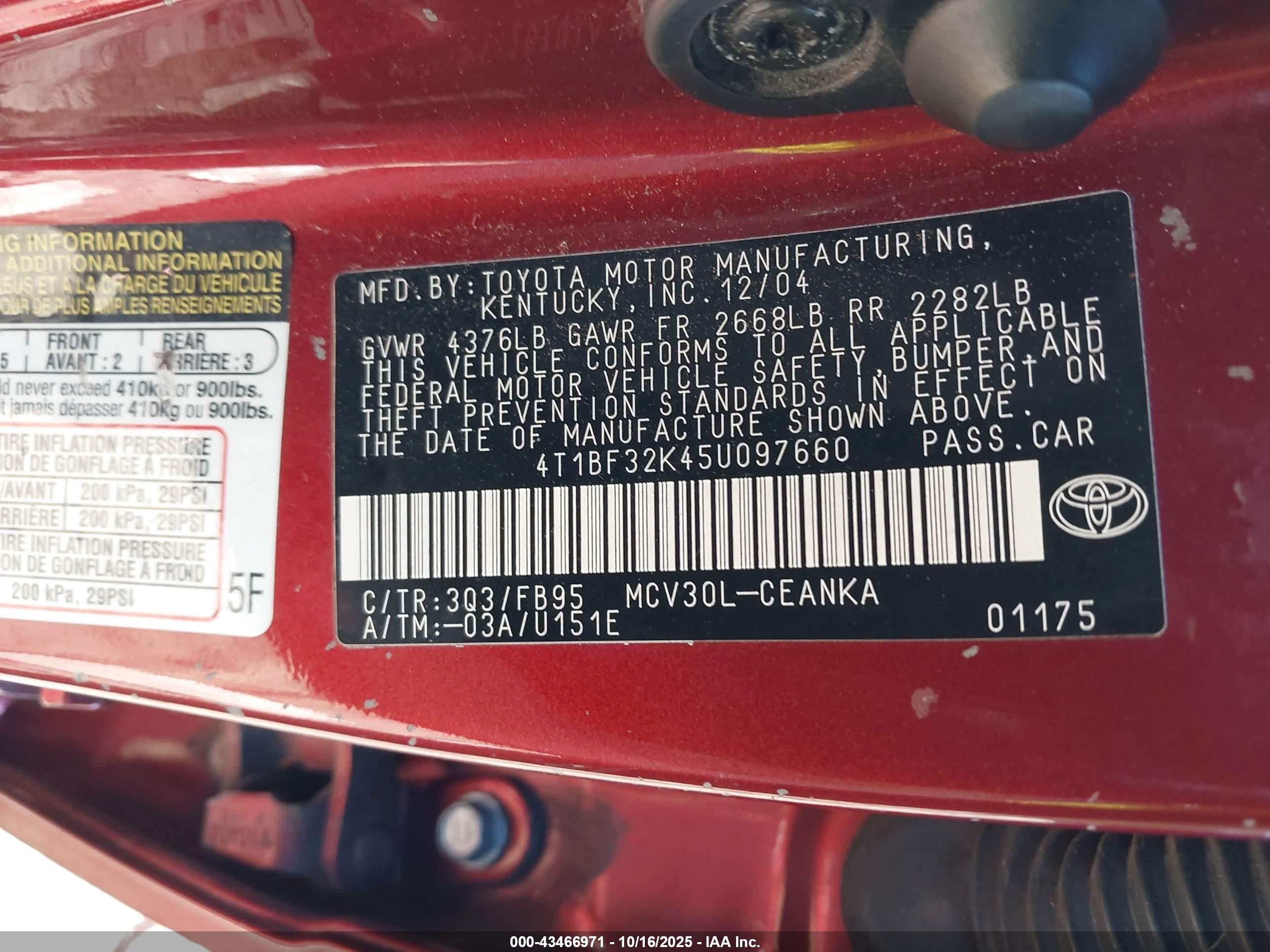 2005 Toyota Camry Le V6 Red vin: 4T1BF32K45U097660