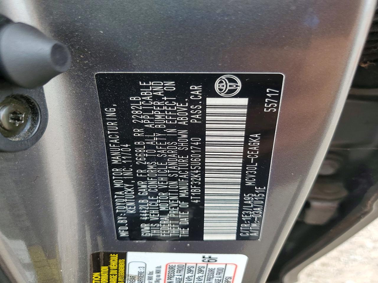 2005 Toyota Camry Xle V6 Gray vin: 4T1BF32K45U601740