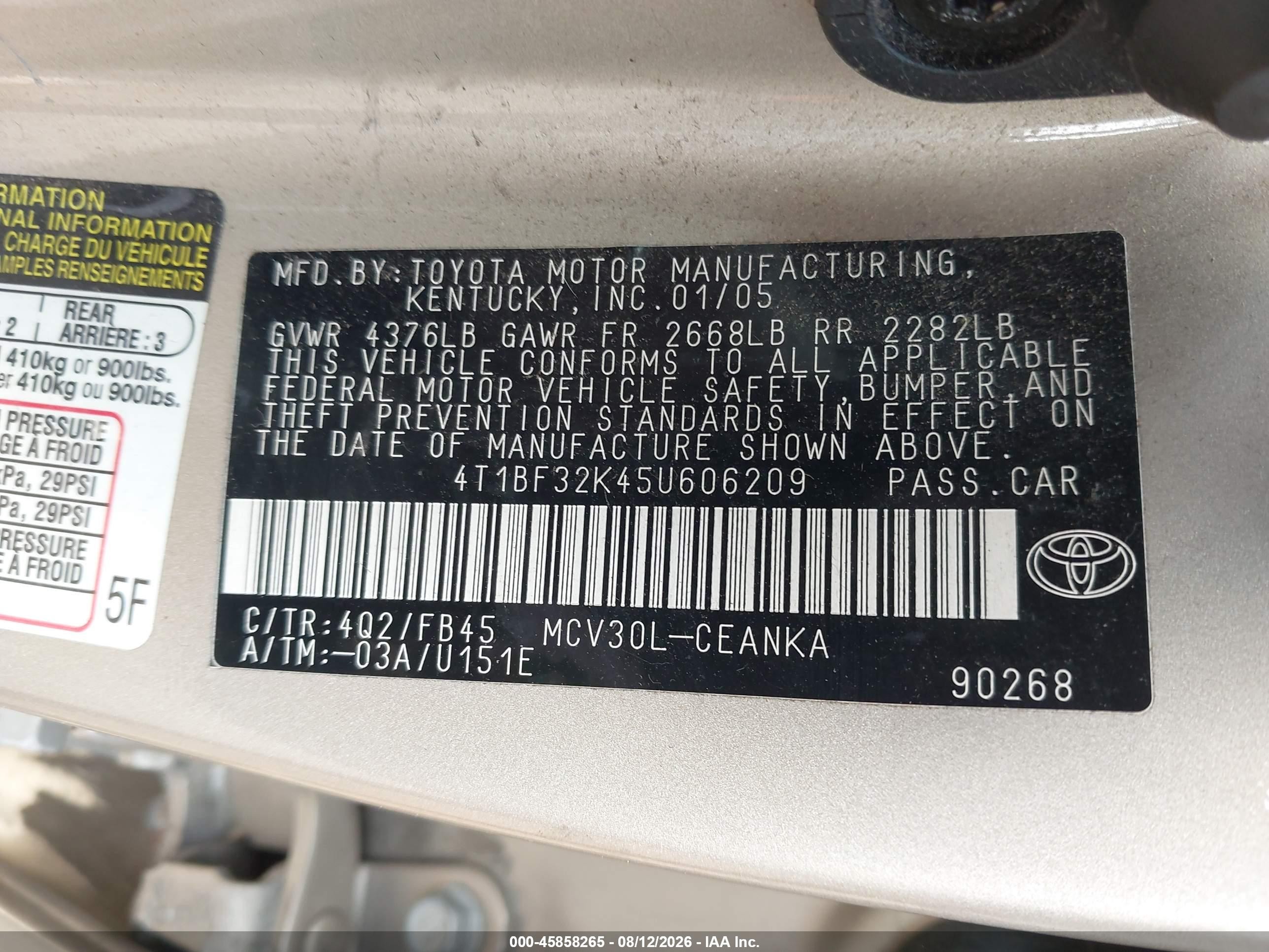 2005 Toyota Camry Le V6 Gold vin: 4T1BF32K45U606209