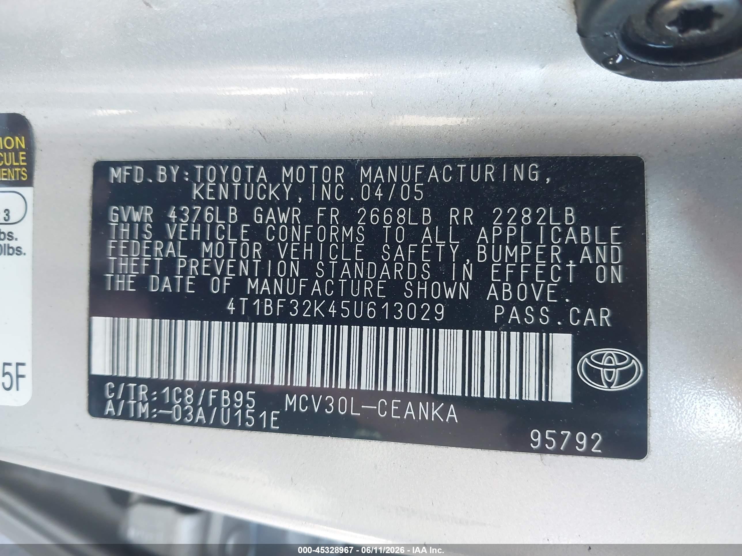 2005 Toyota Camry Le V6 Silver vin: 4T1BF32K45U613029