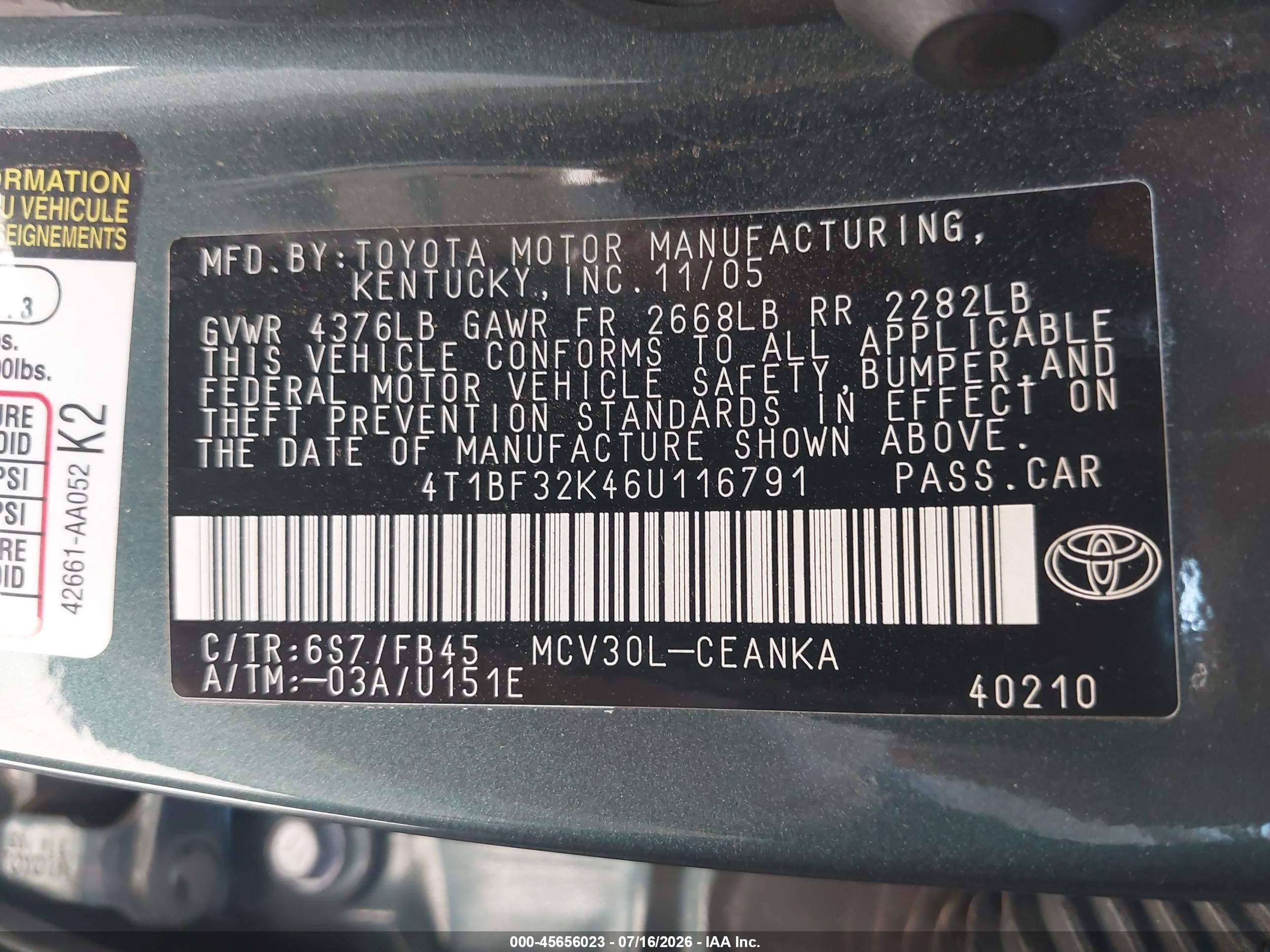 2006 Toyota Camry Le V6 Green vin: 4T1BF32K46U116791