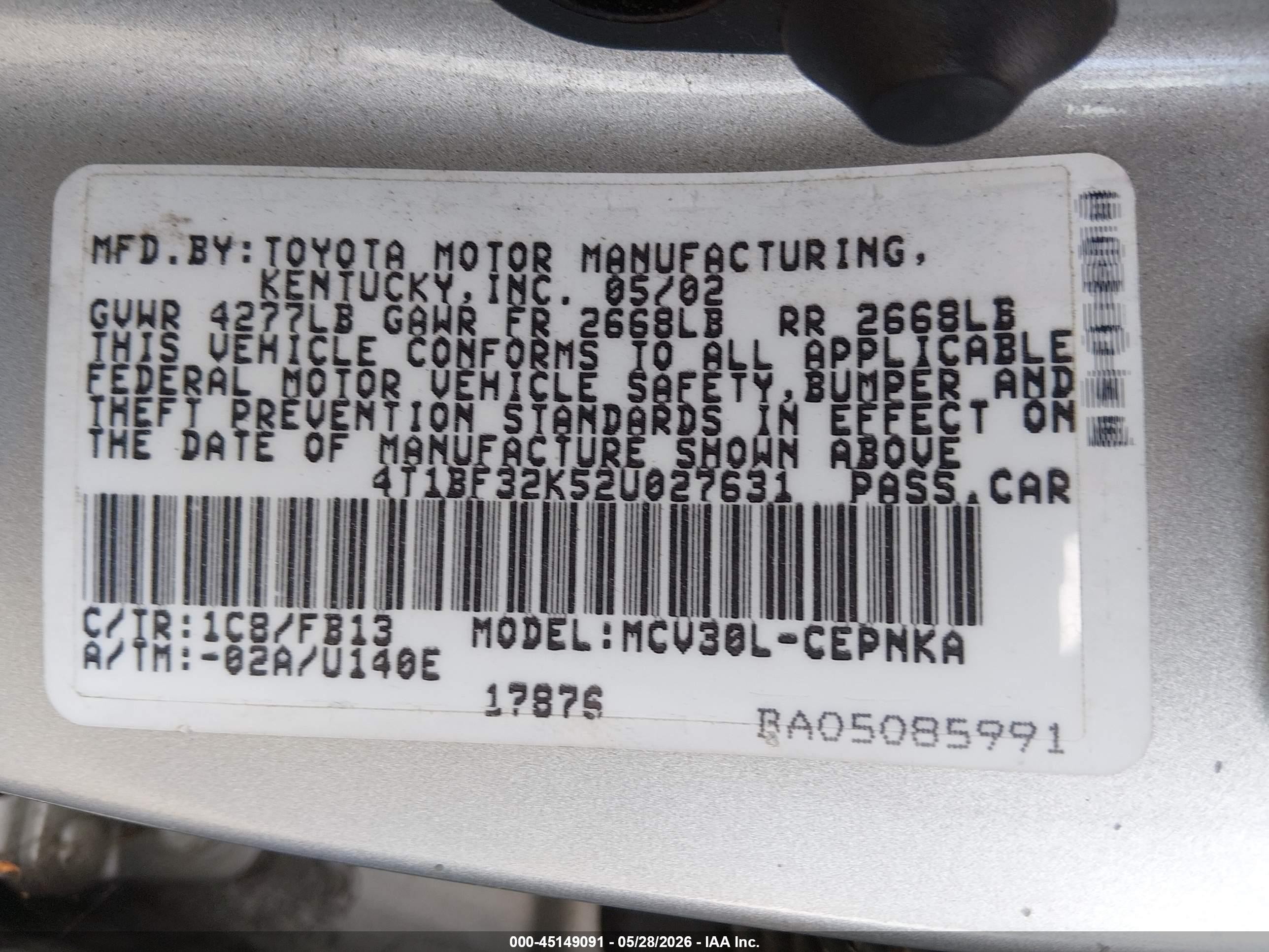 2002 Toyota Camry Le V6 Silver vin: 4T1BF32K52U027631