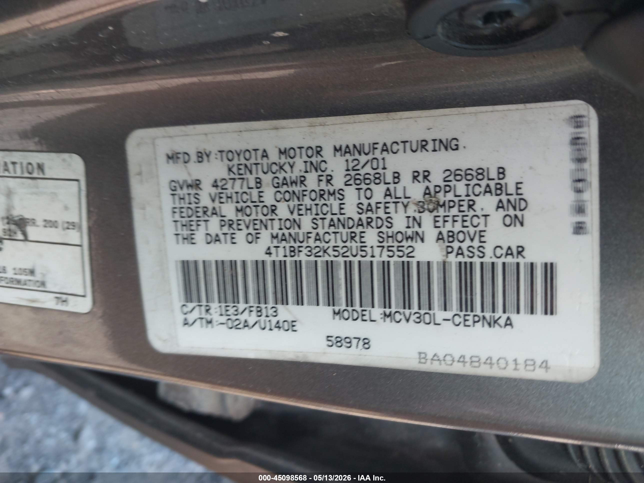 2002 Toyota Camry Le V6 Gray vin: 4T1BF32K52U517552