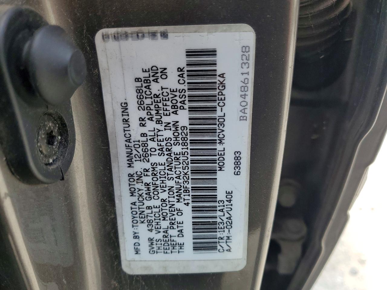 2002 Toyota Camry Xle V6 Gray vin: 4T1BF32K52U518829