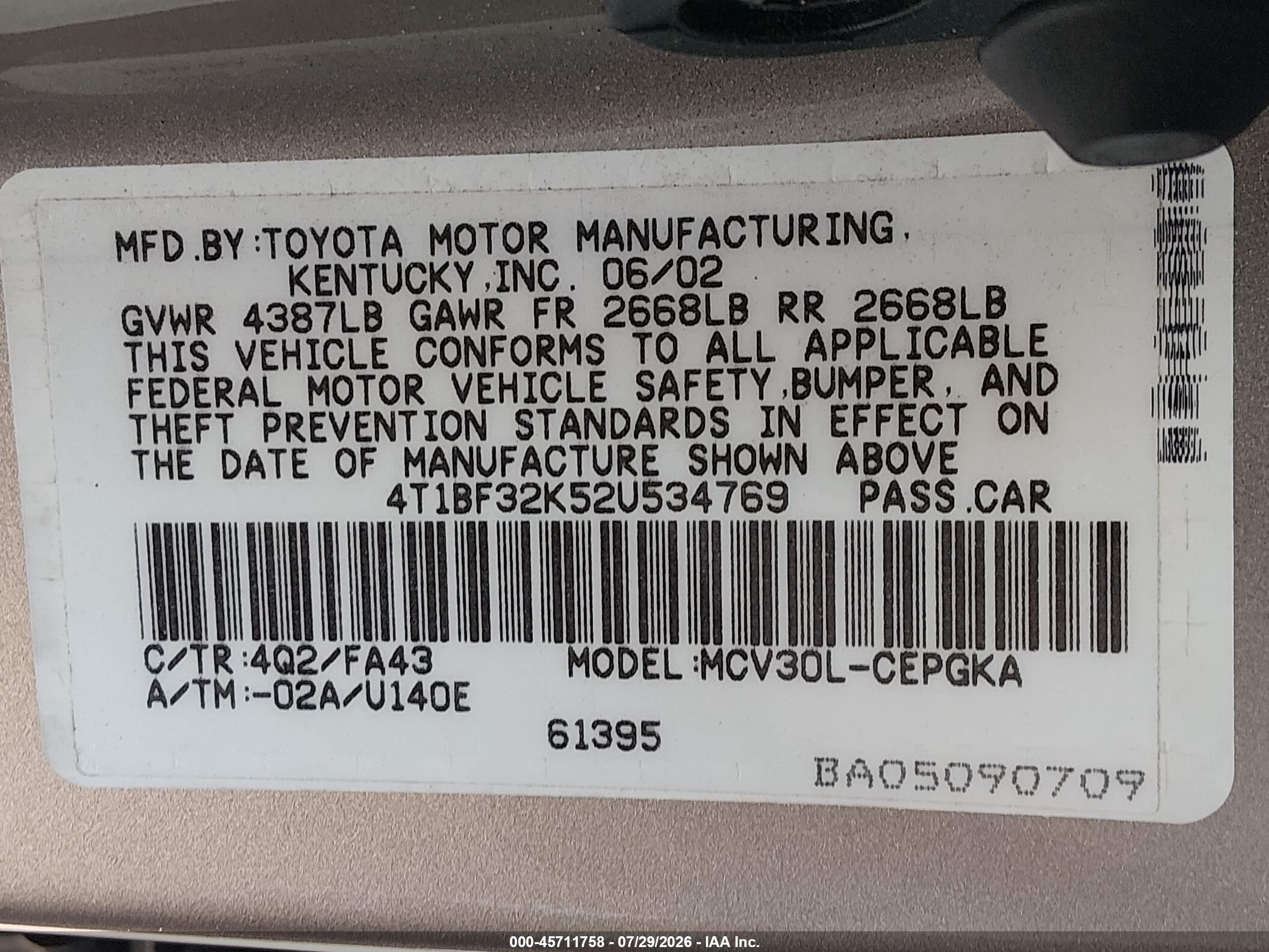 2002 Toyota Camry Xle Champagne vin: 4T1BF32K52U534769