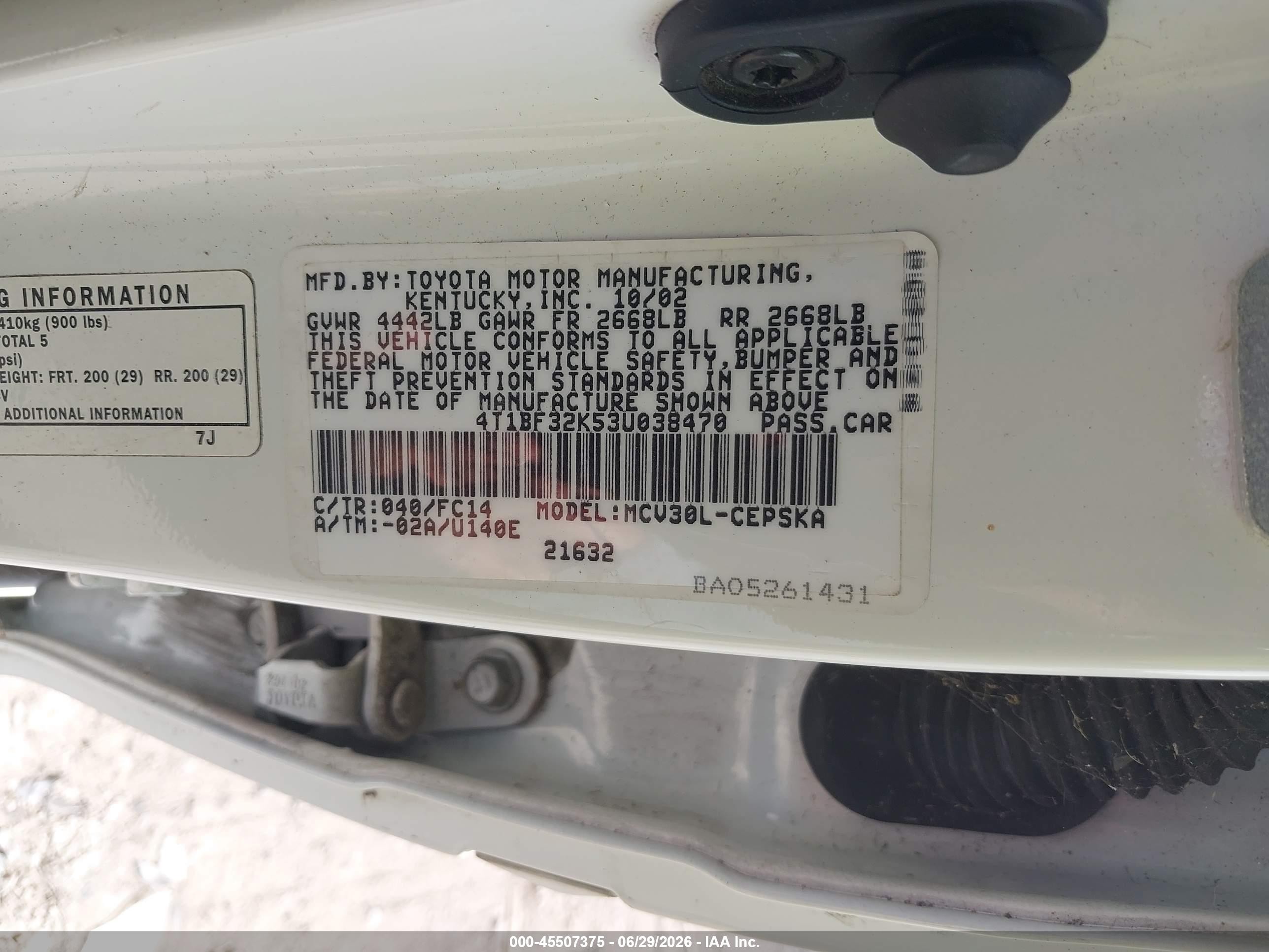 2003 Toyota Camry Se V6 White vin: 4T1BF32K53U038470