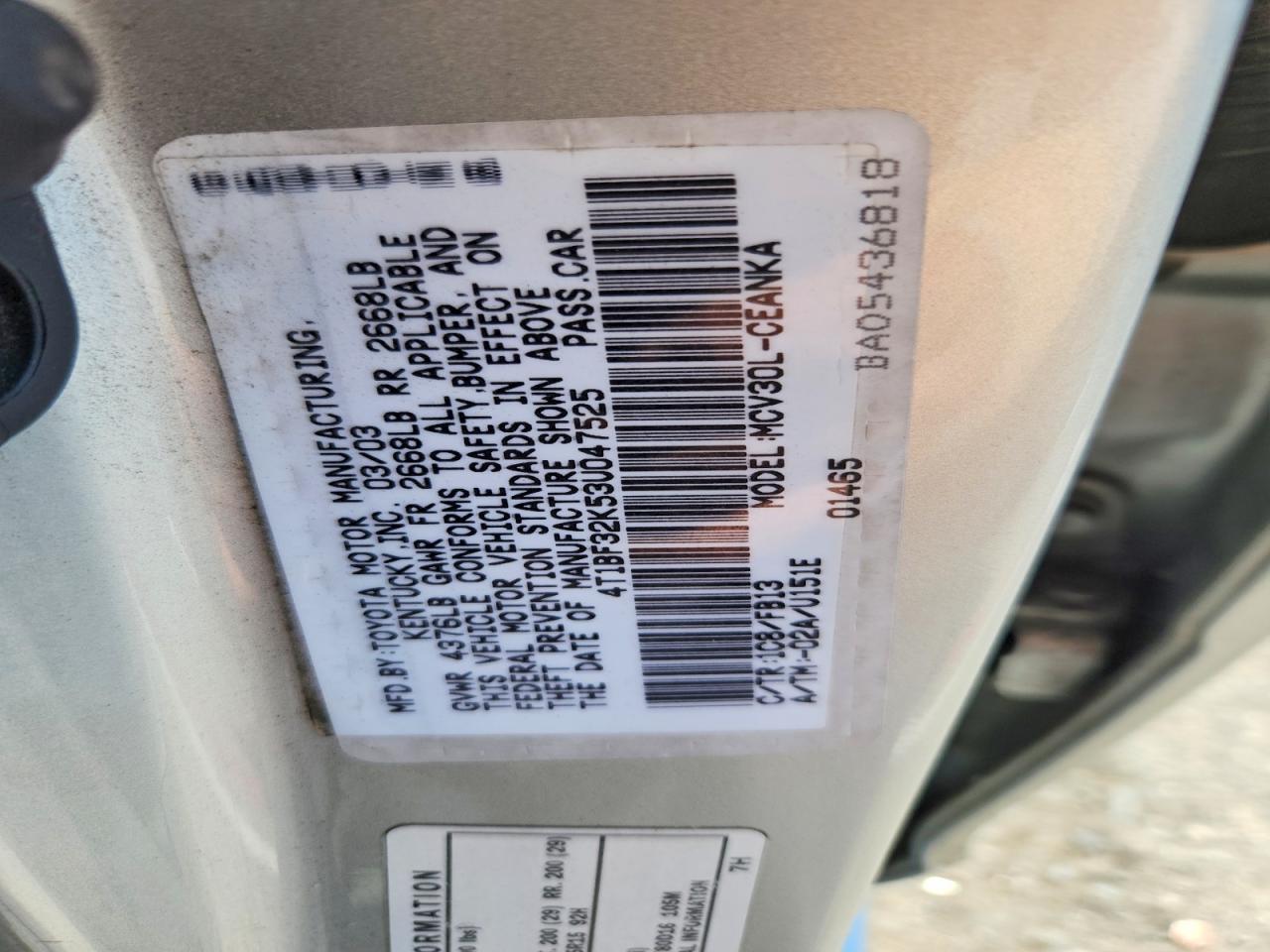 2003 Toyota Camry Le V6 Серебряный vin: 4T1BF32K53U047525