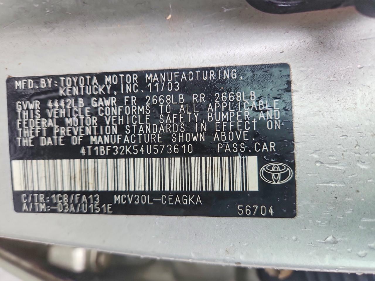 2004 Toyota Camry Xle V6 Silver vin: 4T1BF32K54U573610