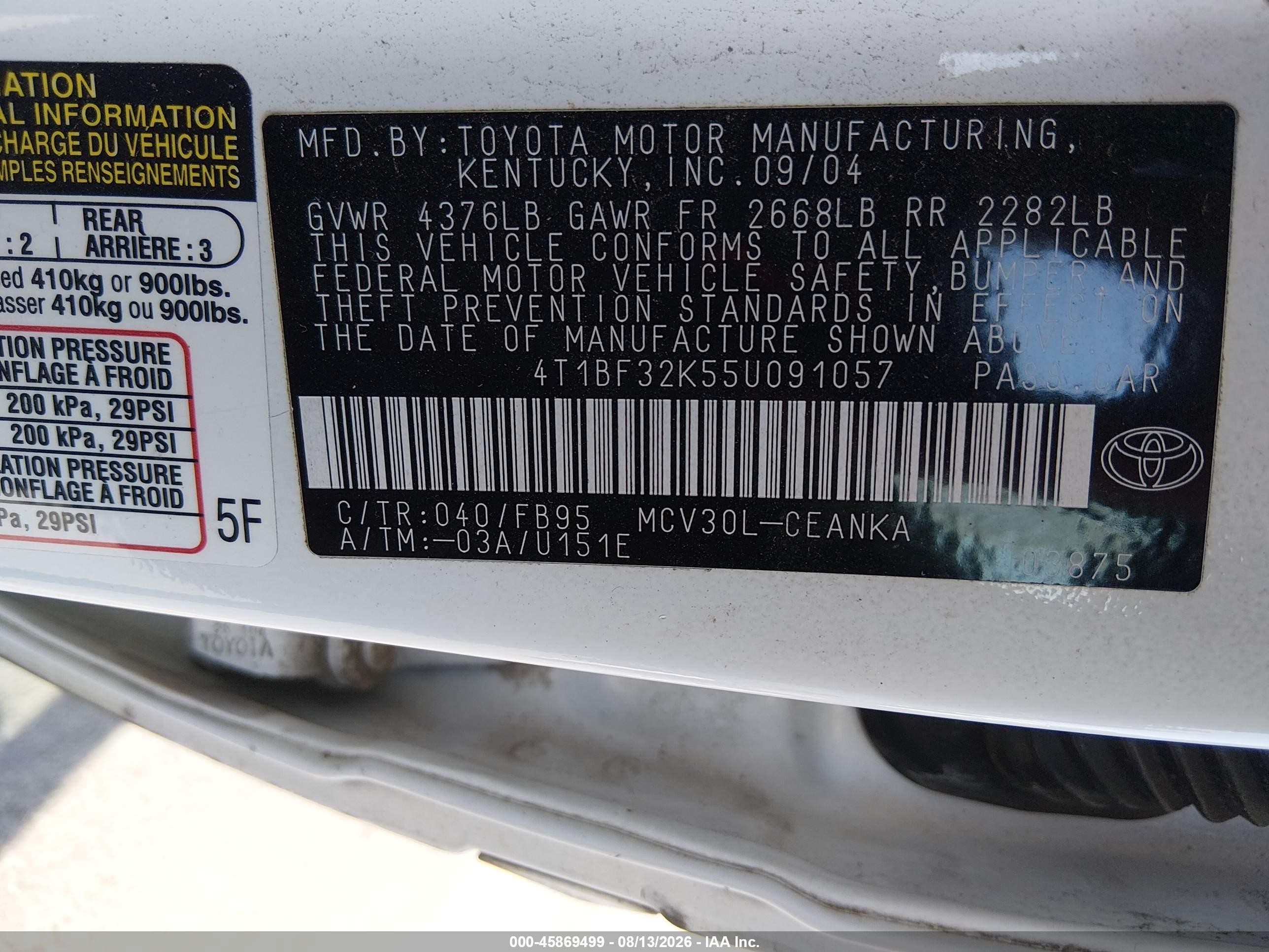 2005 Toyota Camry Le V6 White vin: 4T1BF32K55U091057