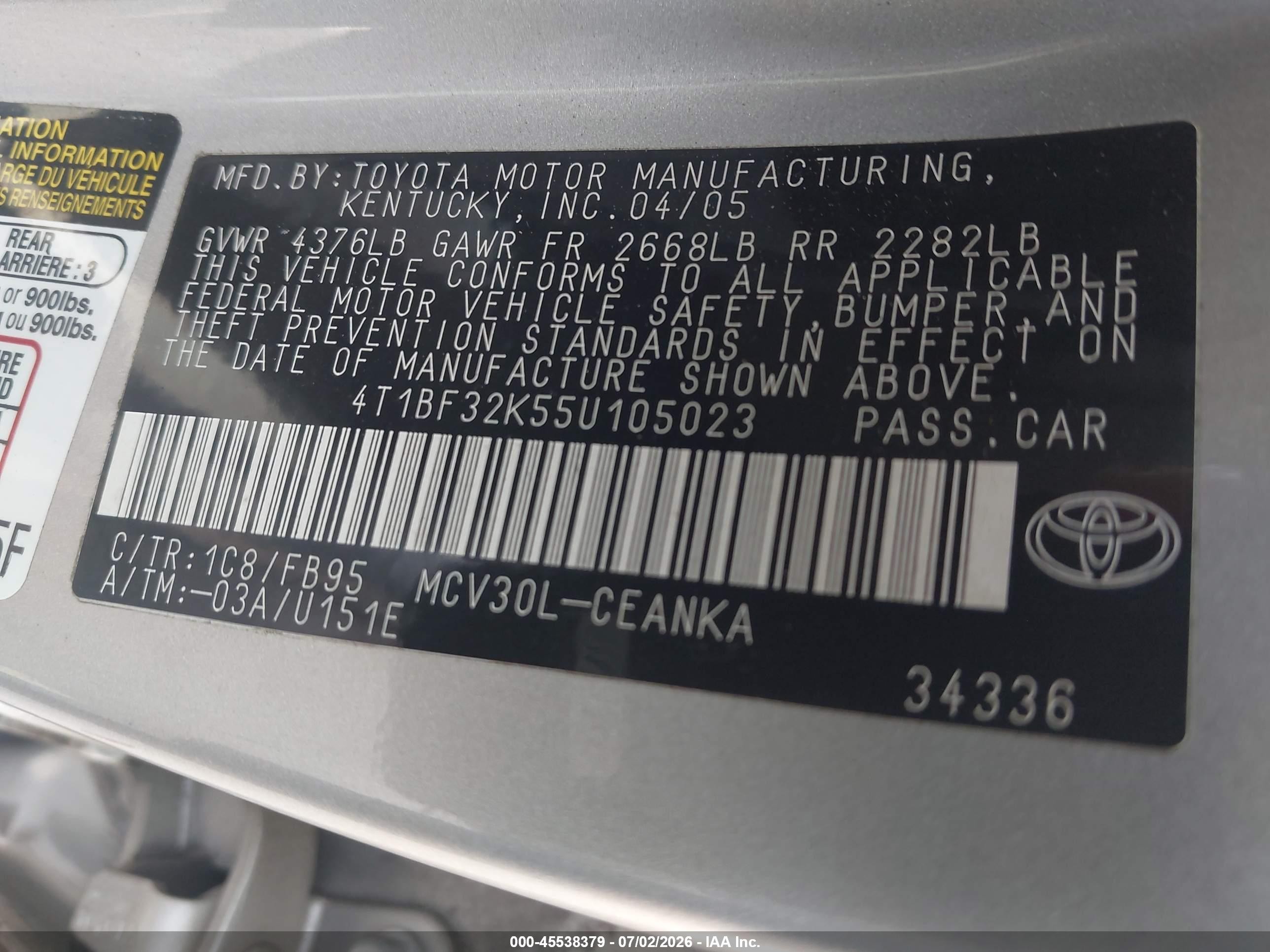 2005 Toyota Camry Le V6 Silver vin: 4T1BF32K55U105023