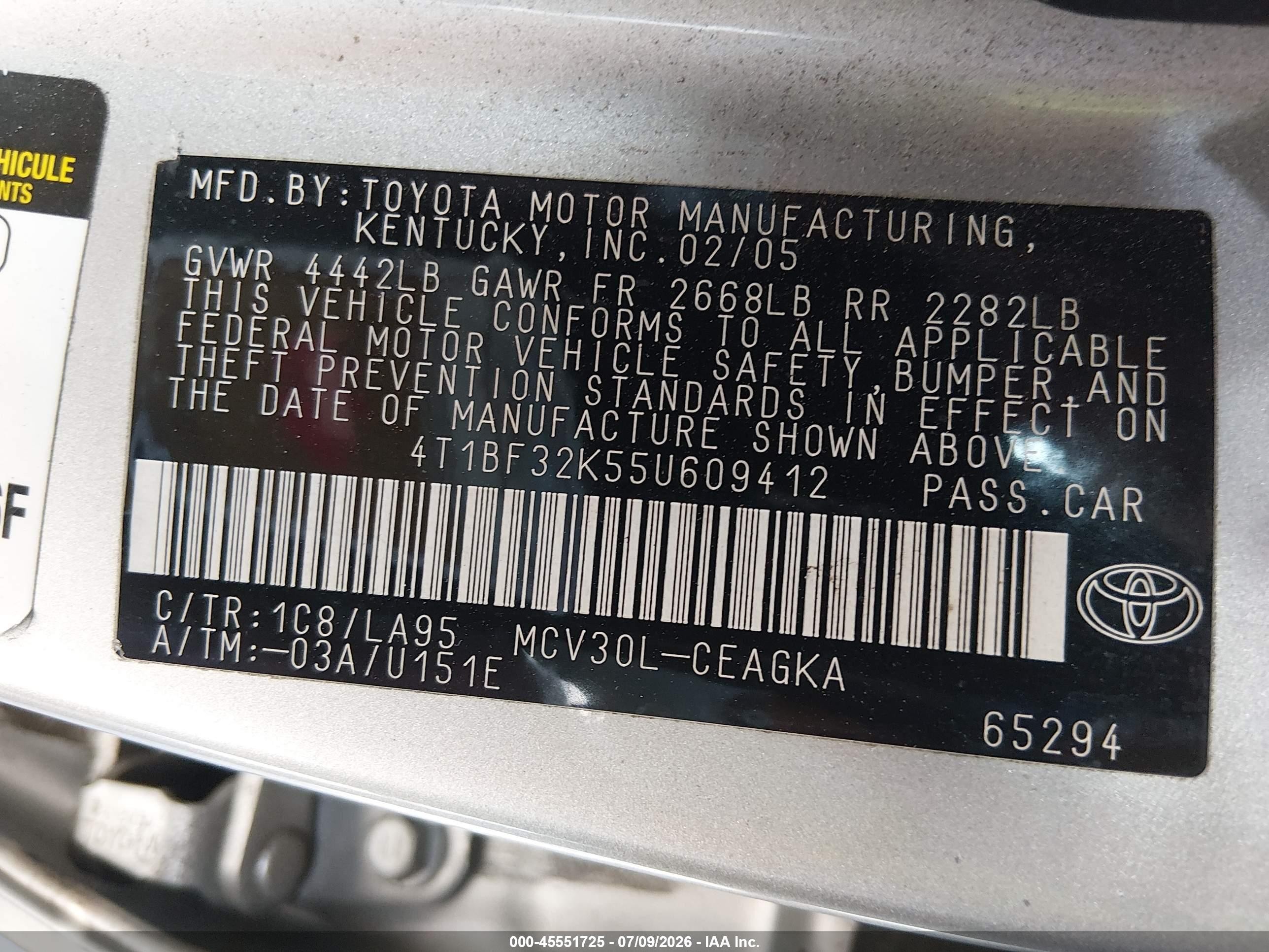 2005 Toyota Camry Xle V6 Серый vin: 4T1BF32K55U609412