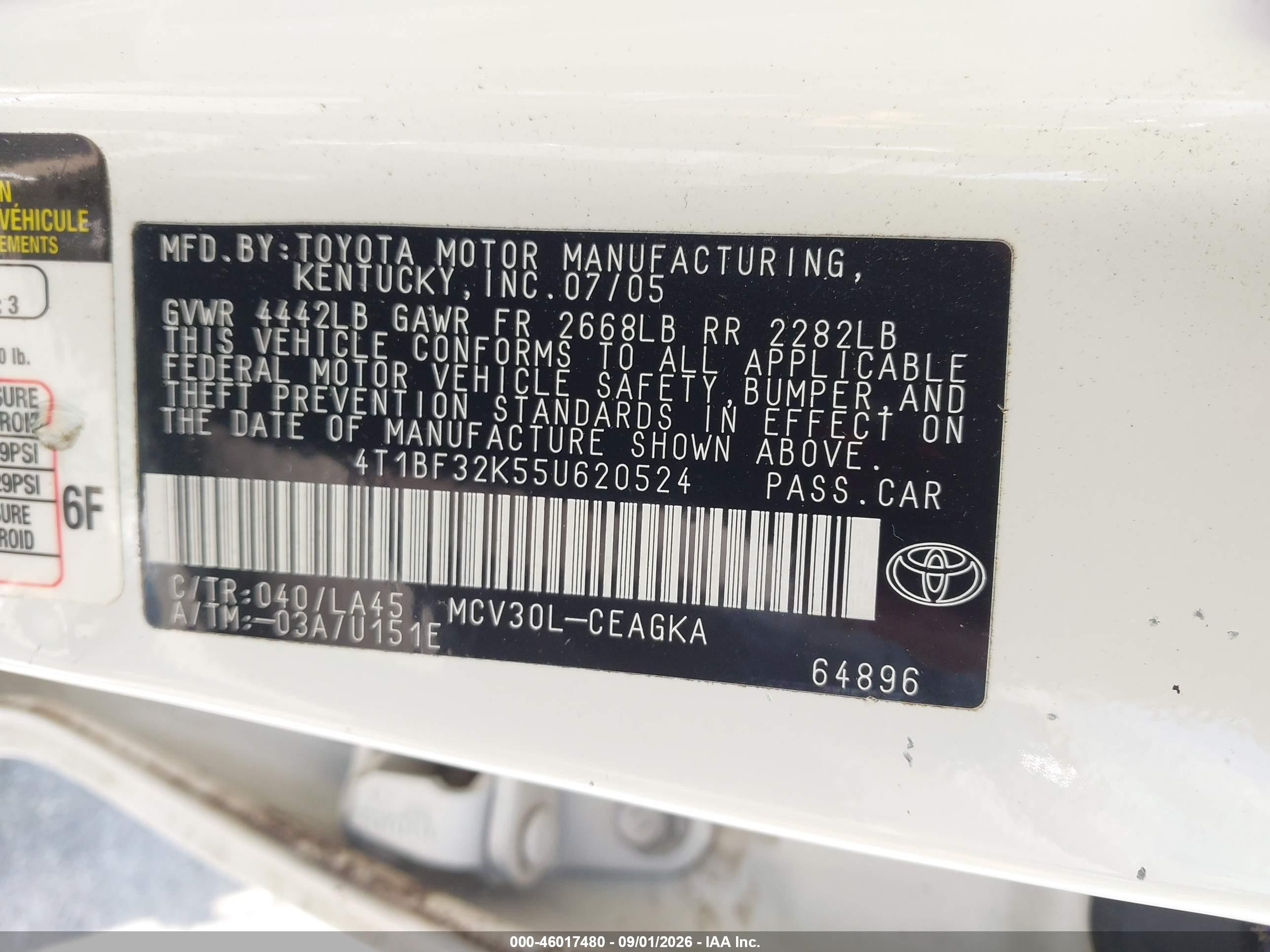 2005 Toyota Camry Xle V6 White vin: 4T1BF32K55U620524