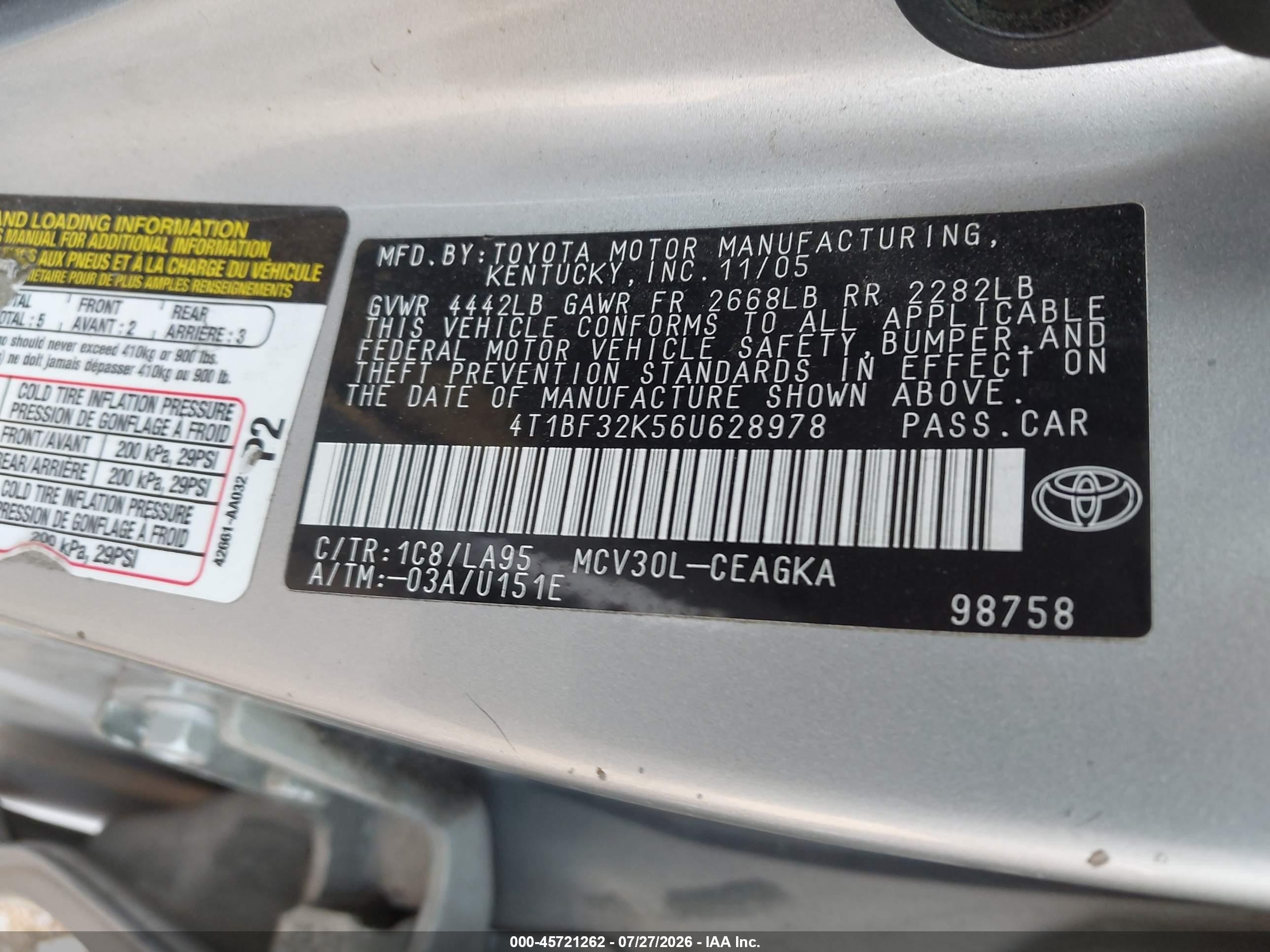 2006 Toyota Camry Xle V6 Серебряный vin: 4T1BF32K56U628978